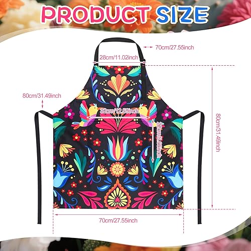 Miniatura 2 de Delantal mexicano para mujer, colorido fondo mexicano con flores y pájaros, delantal de cocina impermeable con bolsillos ajustables para cocina,