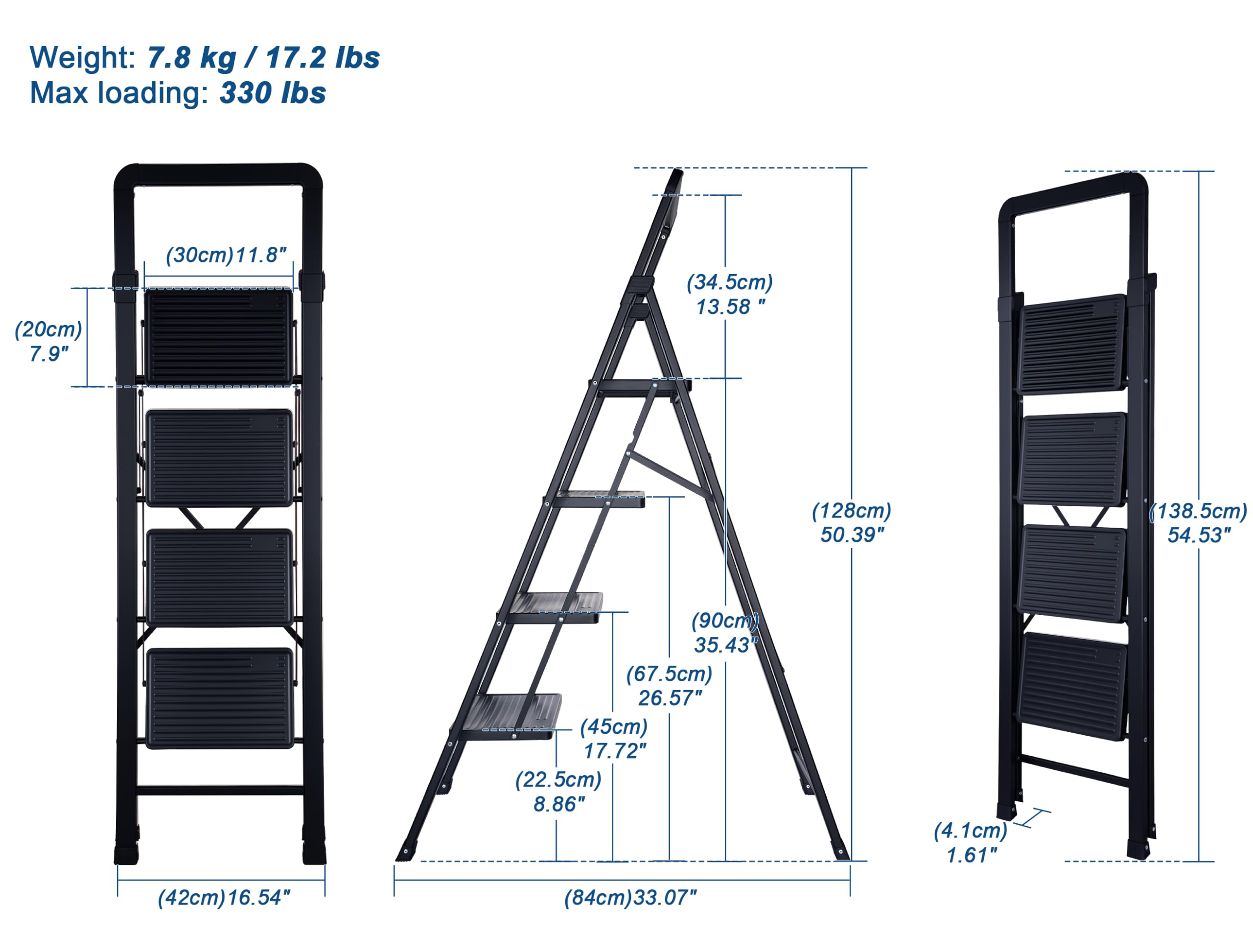 Scaletta pieghevole a 4 gradini, finitura nera, antiscivolo, max 150 kg