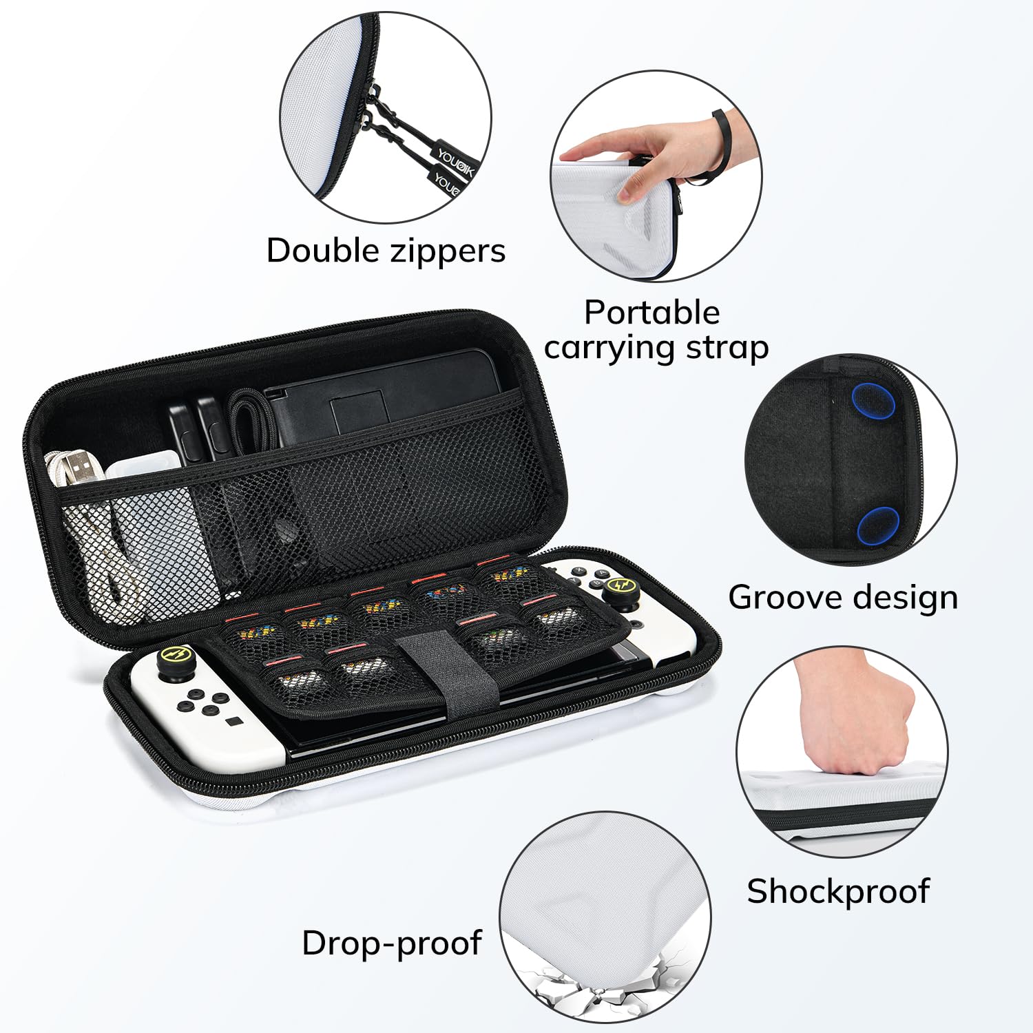 Younik Switch OLED Funda, Paquete de Accesorios OLED 14 en 1 con Estuche de Transporte Switch OLED, Accesorios Protectores para Consola Switch y J-con, Estuche para Tarjetas de Juego (Patrón Y)