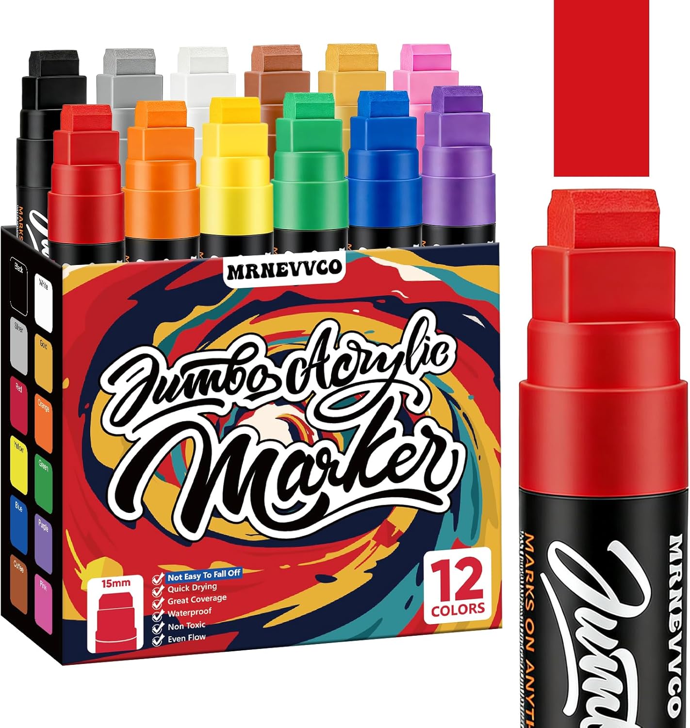 12 Colors Jumbo Poster Markers, Jumbo Acrylic Paint Markers, 15MM Thick Permanent Acrylic Markers, Wide Tip Paint Markers for Wood, Canvas, Poster Board, Banner, Fabric, Metal, Artists, Teachers