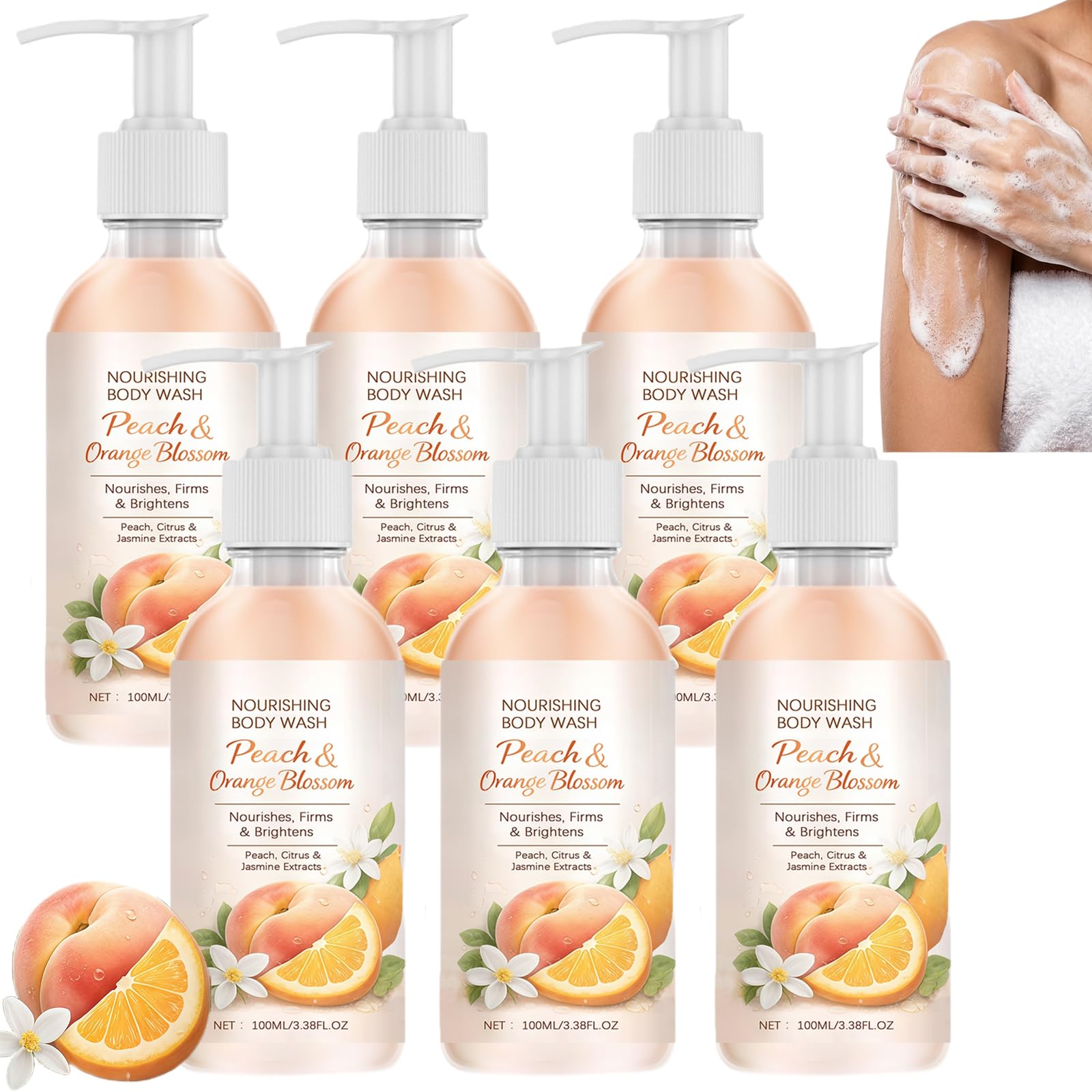 Detergente per il corpo nutriente alla pesca, gel doccia idratante, corpo idratante pulito per pelle ruvida secca, profumo di lunga durata per una pelle morbida, morbida e idratante (6 pezzi)