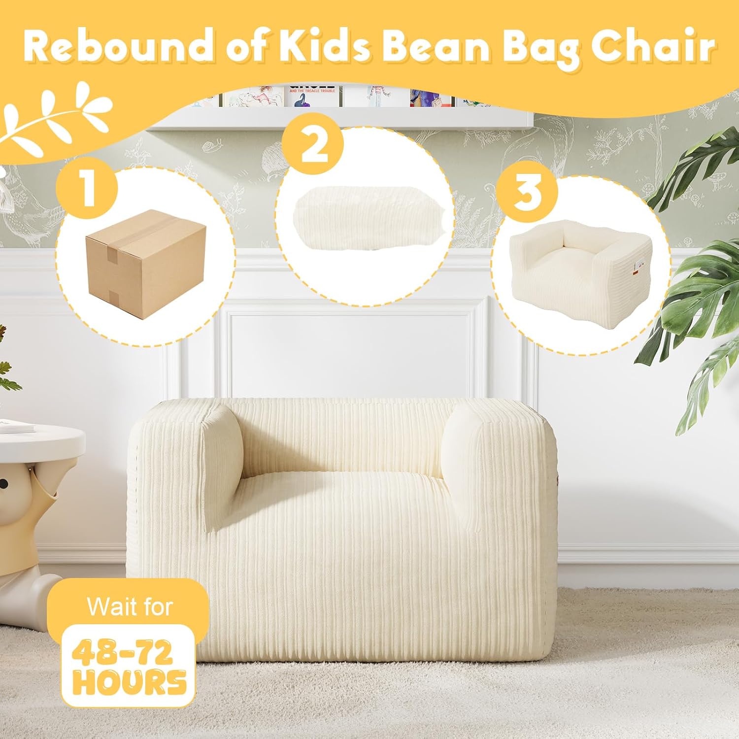 COMAX Bean Bag Chair for Kids, Stuffed Toddler Couch for Boys and Girls, Corduroy Lazy Sofa Filler with Shredded Sponge Accent Chair Comfy with Pocket for Playroom Classroom, Beige