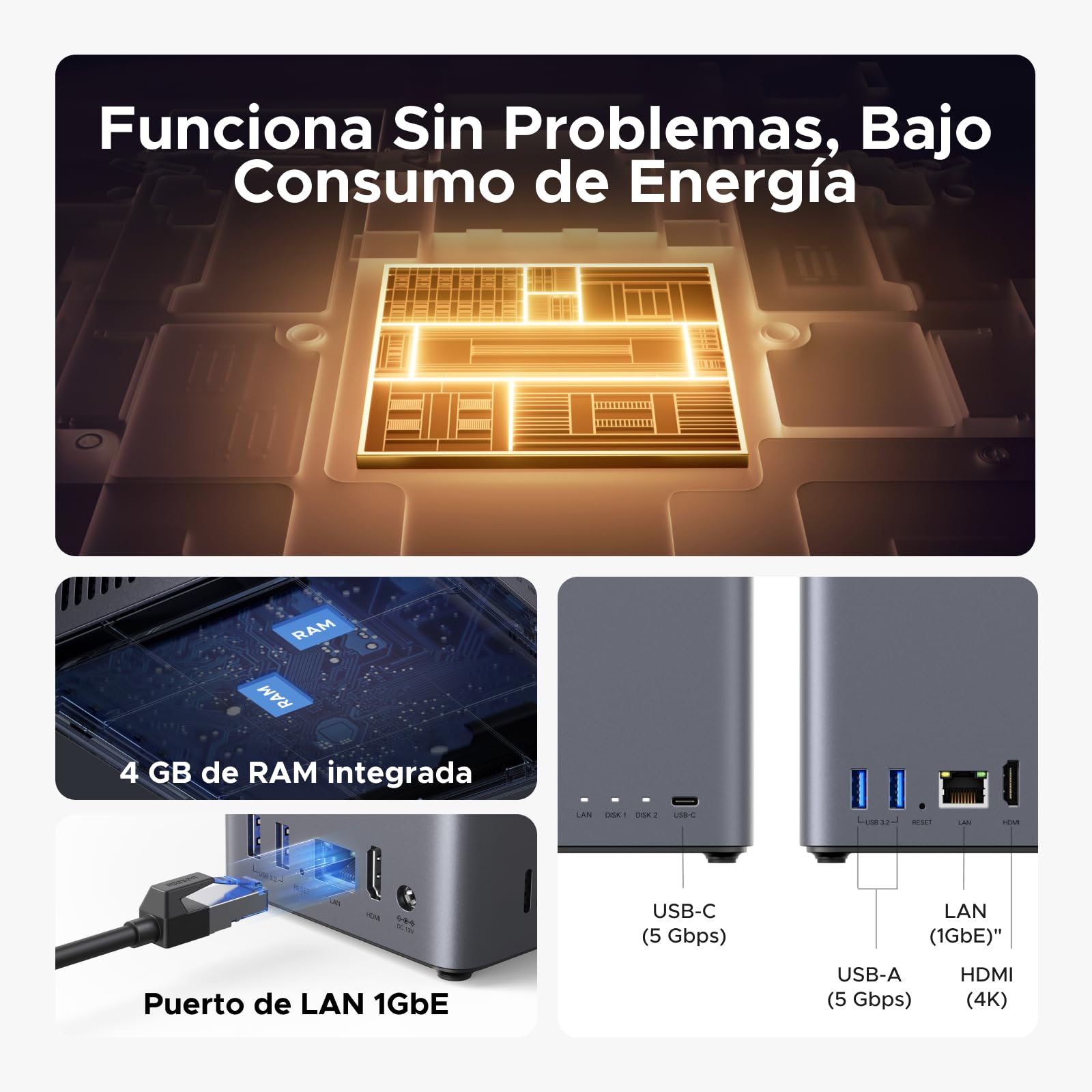 UGREEN NASync DH2300 NAS de Escritorio 2 Bahías, 4GB RAM, Conexión NFC One-Touch, LAN 1GbE, Álbum de Fotos AI, NAS Fácil para Principiantes, Servidor NAS para Hogar (Sin Discos) (DH2300)