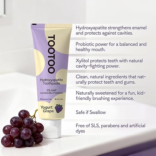 Miniatura 6 de TooToo Pasta de dientes de hidroxiapatita para niños con xilitol, sin flúor y sin SLS, pasta de dientes natural para niños, sabor a uva de yogur,