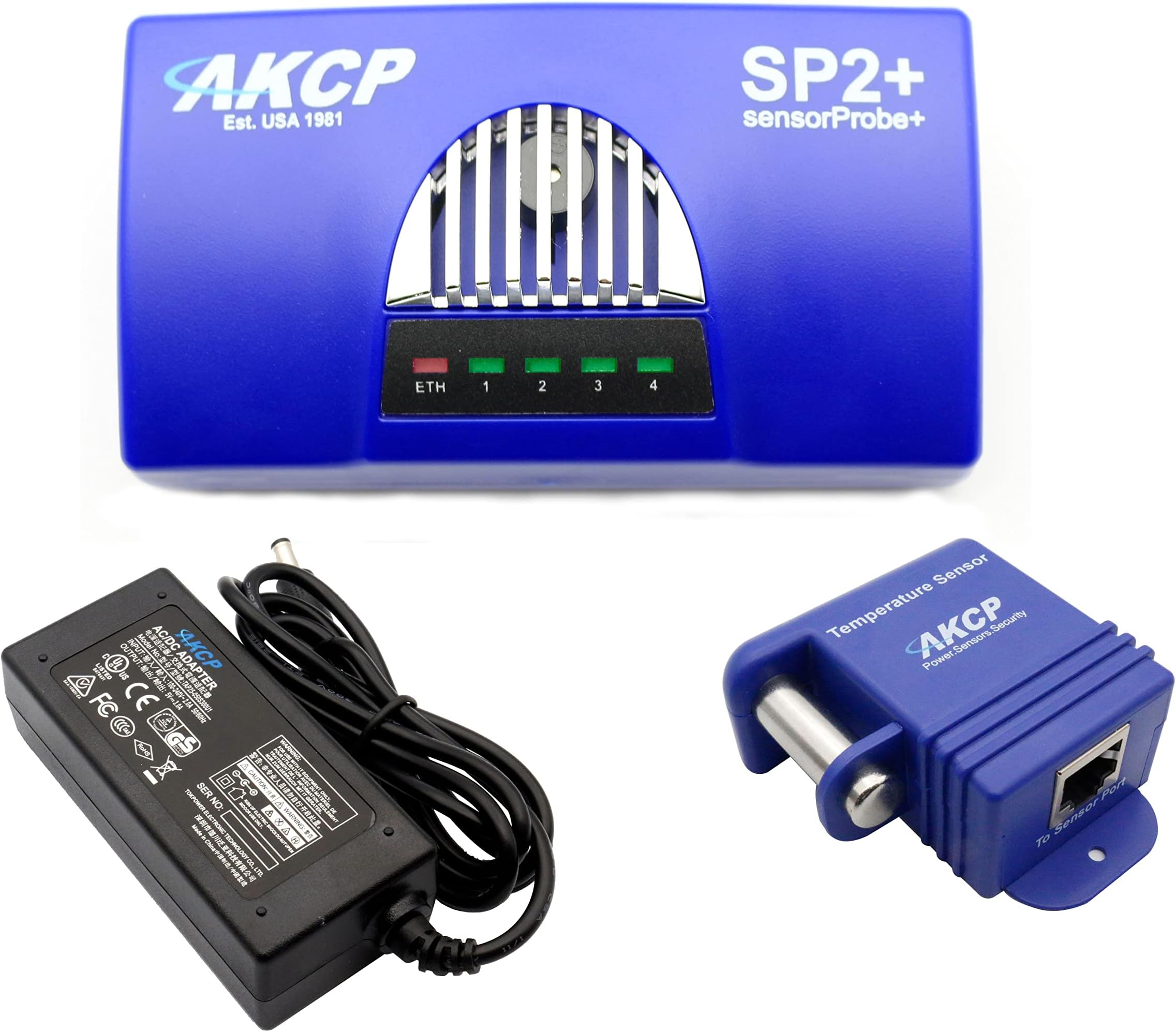 AKCP SP2+ sensorProbe+ Environment Monitoring device 4 sensor ports, a plug-in Temperature Sensor and 24/7 online email alerting