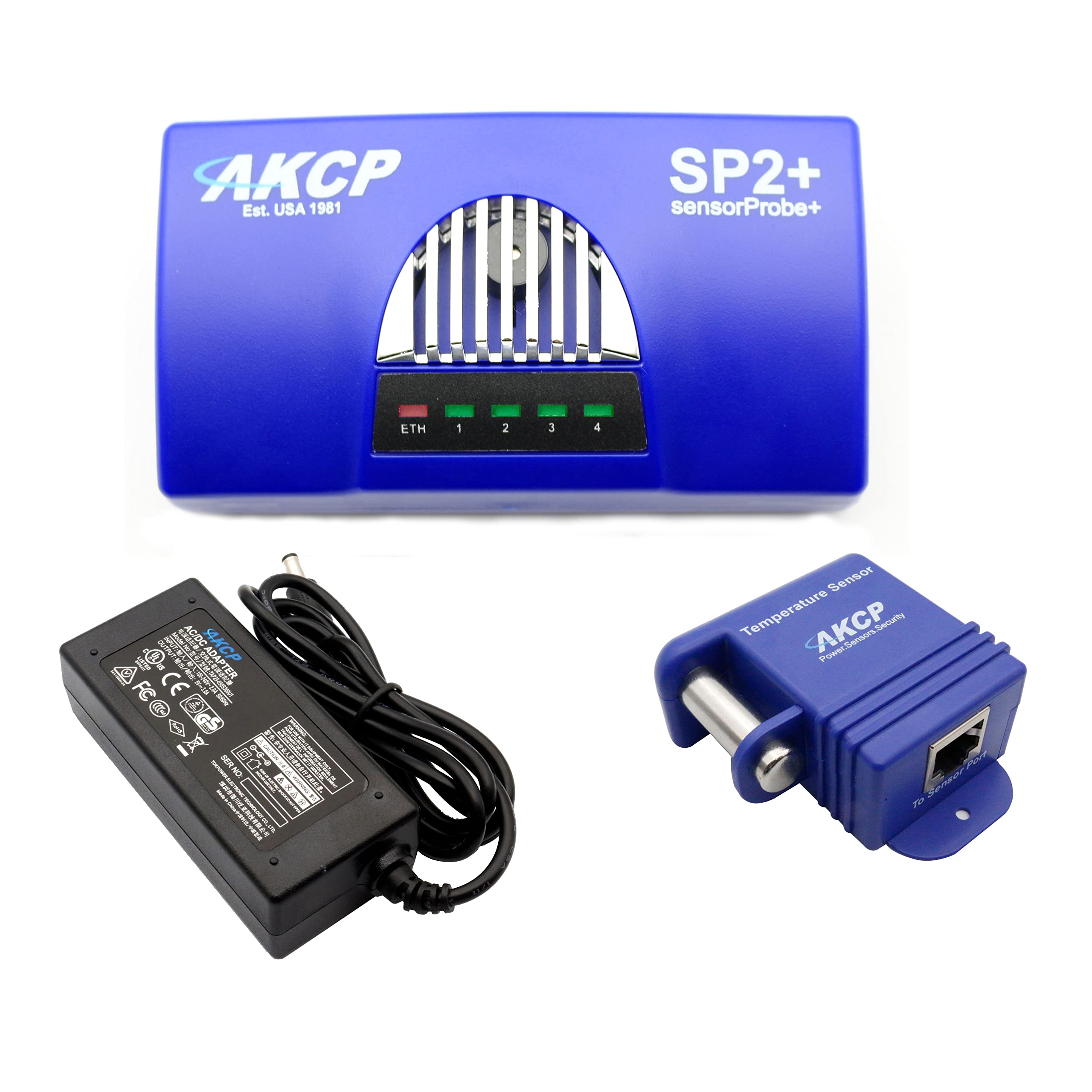 AKCP SP2+ sensorProbe+ Environment Monitoring device 4 sensor ports, a plug-in Temperature Sensor and 24/7 online email alerting