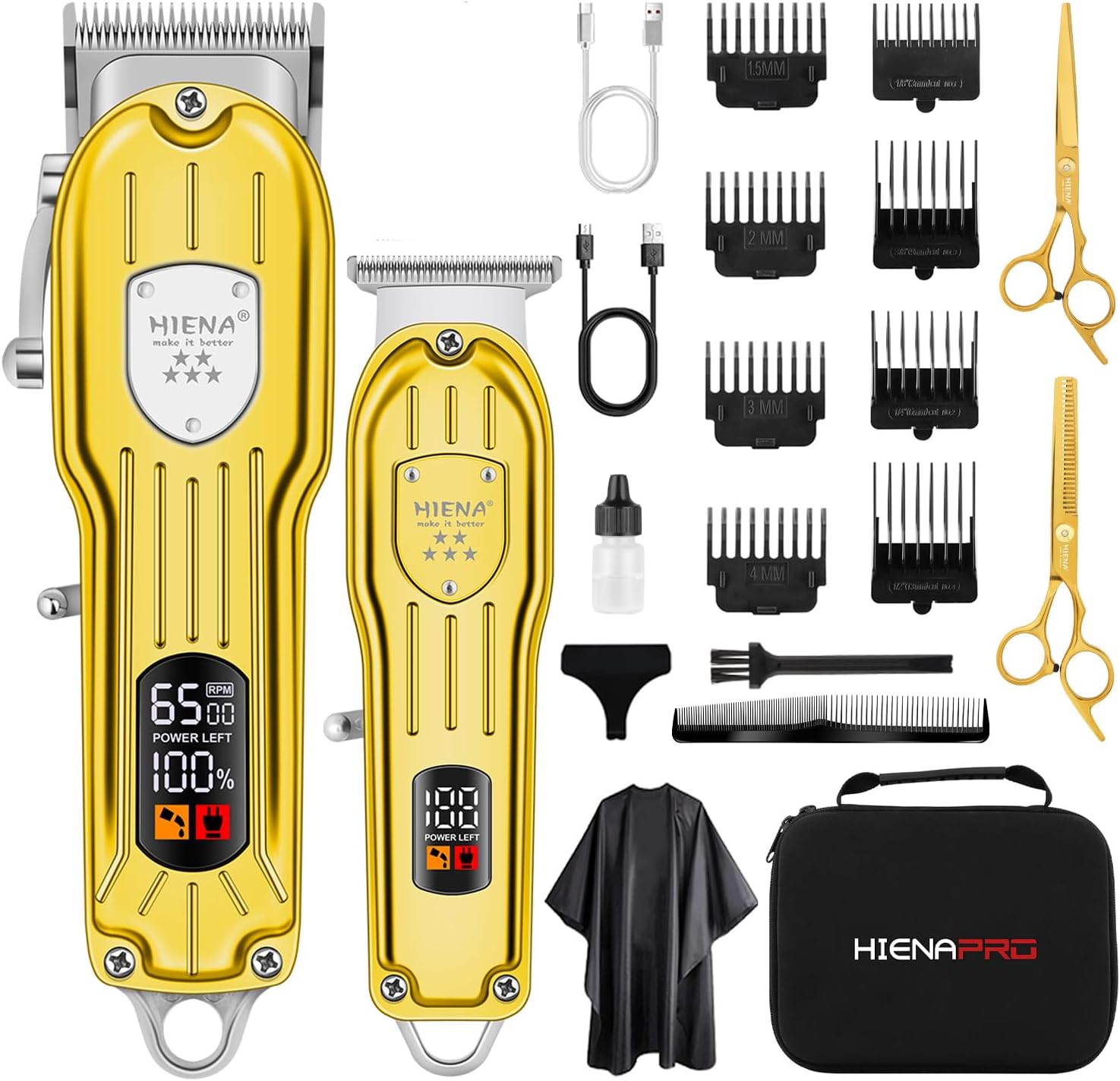 Professionele tondeuse set voor mannen, draadloze kappersschaar T-blade trimmerset, elektrische haarsnijmachine kit, USB oplaadbare tondeuse set voor kappers met LED-display (goud)