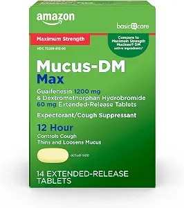 Amazon Basic Care Maximum Strength Mucus DM, Expectorant and Cough Suppressant, Chest Congestion Relief, 12 Hour, 14 Tablets
