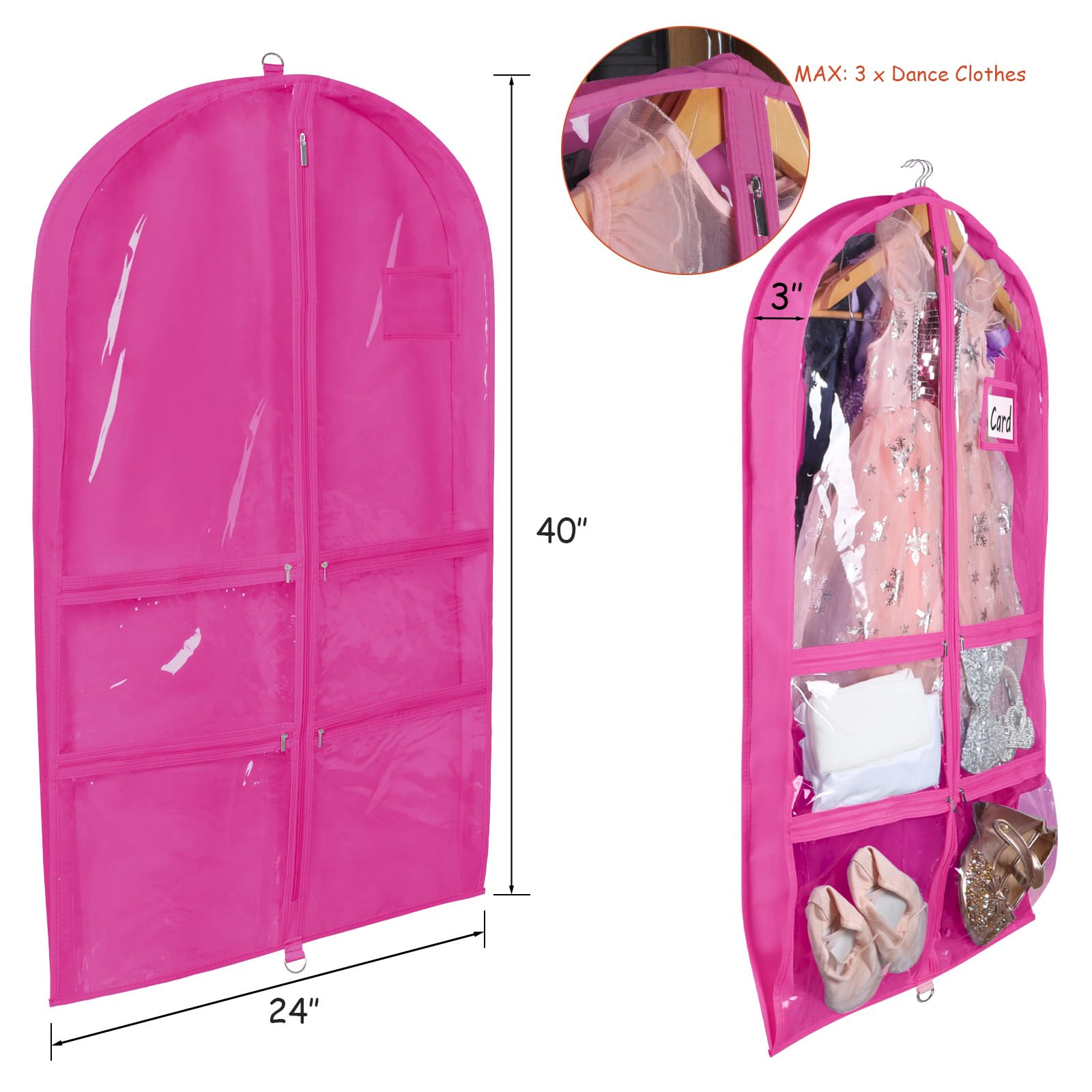 Syeeiex Kleidersack für Tanzkostüme, 7,6 cm, 5 Stück, 101,6 cm, Tanzkleiderbeutel für Tänzer mit 4 Reißverschlusstaschen, für 1–3 Tanzkostüme – geeignet für Tanzwettbewerbe, Ballett (Rosarot)