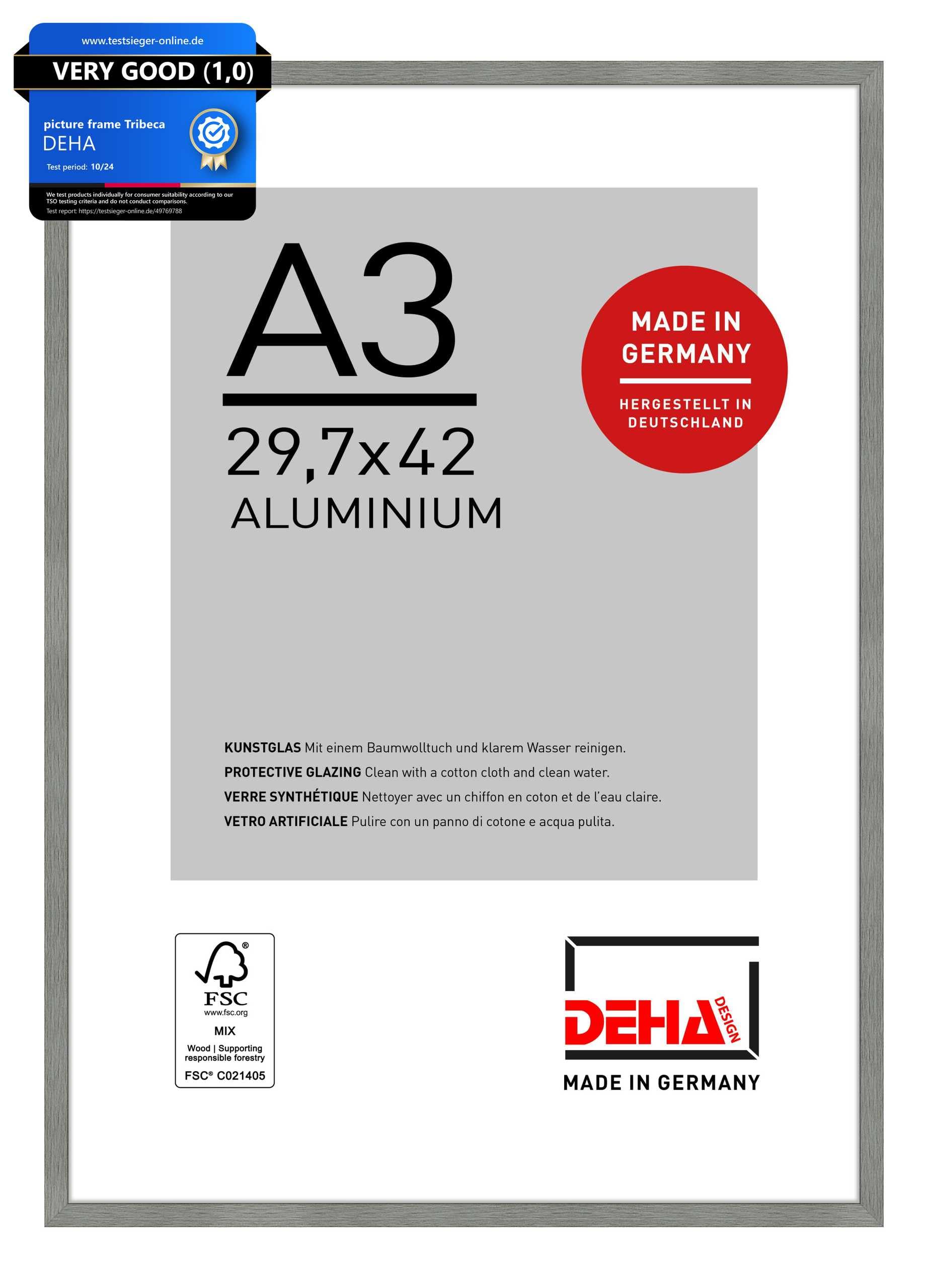Deha Design Brushed Frosted Grey Tribeca Aluminium Picture Frame - A3 (29.7X42 Cm) – Brushed Grey - With Synthetic Glass And Push/Turn Clips