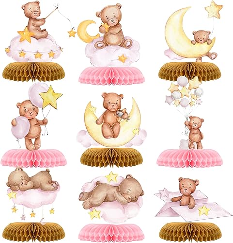 Tarklanda 9 piezas de centro de mesa de oso para baby shower, panal, decoración de fiesta, globos de oso rosa, decoración de mesa 3D de panal para