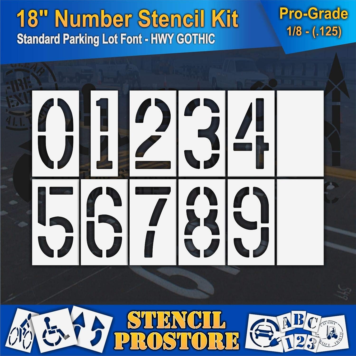 Pavement Stencils - 18 inch Number KIT Stencil Set - (12 Piece) - 18" x 9" x 1/8" (128 mil) - Pro-Grade