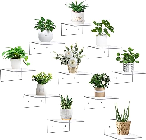 Miniatura 8 de PuzFun Paquete de 3 estantes flotantes de acrílico transparente para pared, estantes de pared pequeños sin taladrar para plantas, altavoz, cámara