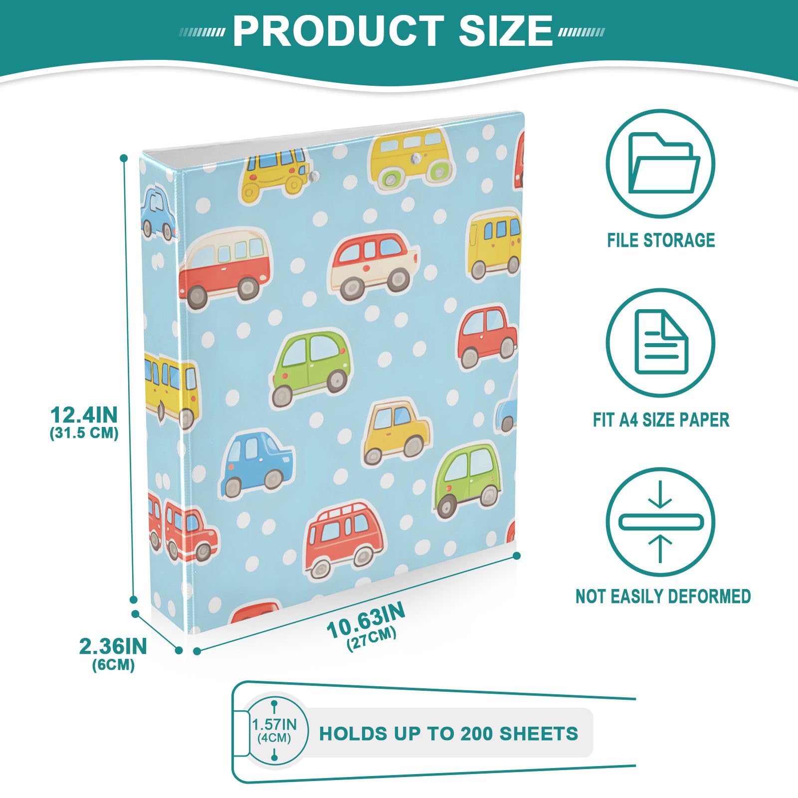 Confezione da 2 raccoglitori a 3 anelli, con motivo auto in stile cartone animato, 3,8 cm, con 3 tasche trasparenti, portablocco e contiene 200 fogli, per ufficio, scuola, organizzazione