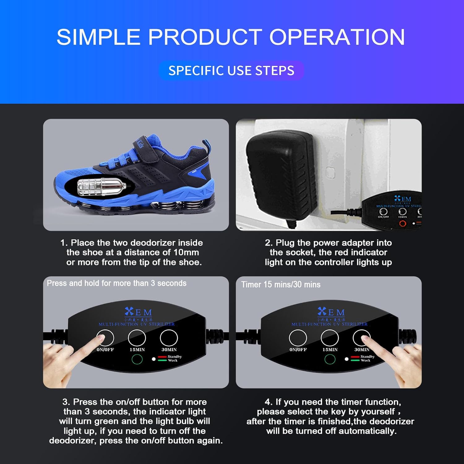 Ultraviolet Shoe Deodorizer,UV Light Sneaker Cleaner,Smart Timing UV Footwear Odor Elimination,360°Ultraviolet Bulb Design, Applicable to All Shoes and Boots 6W （Black）