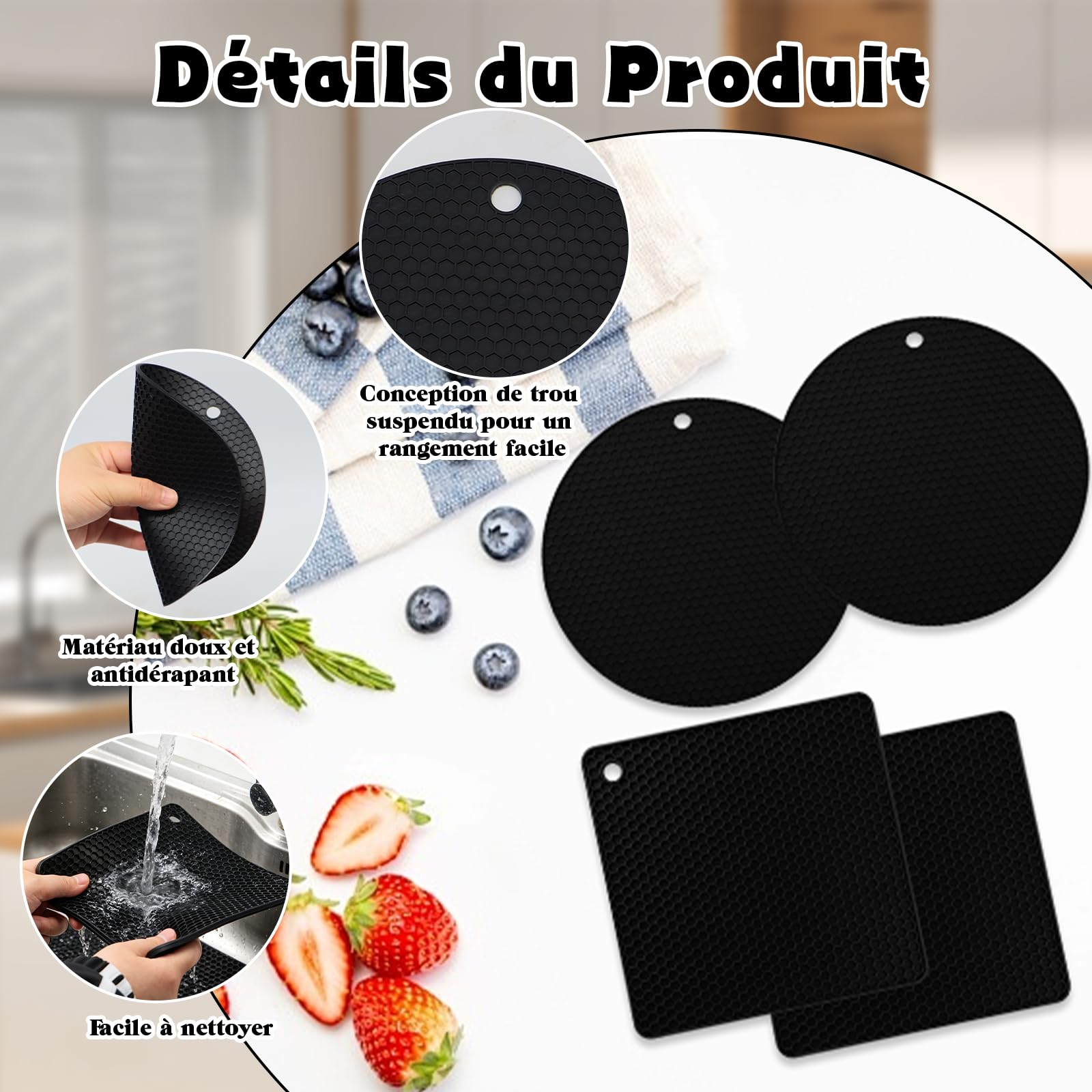 Scettar 4 Pcs Dessous de Plat en Silicone(2 Circulaire+2 Rectangulaire), sous Plat de Table Chaud(Noir), pour Casseroles et Poêles Chaudes, Multi-Usages