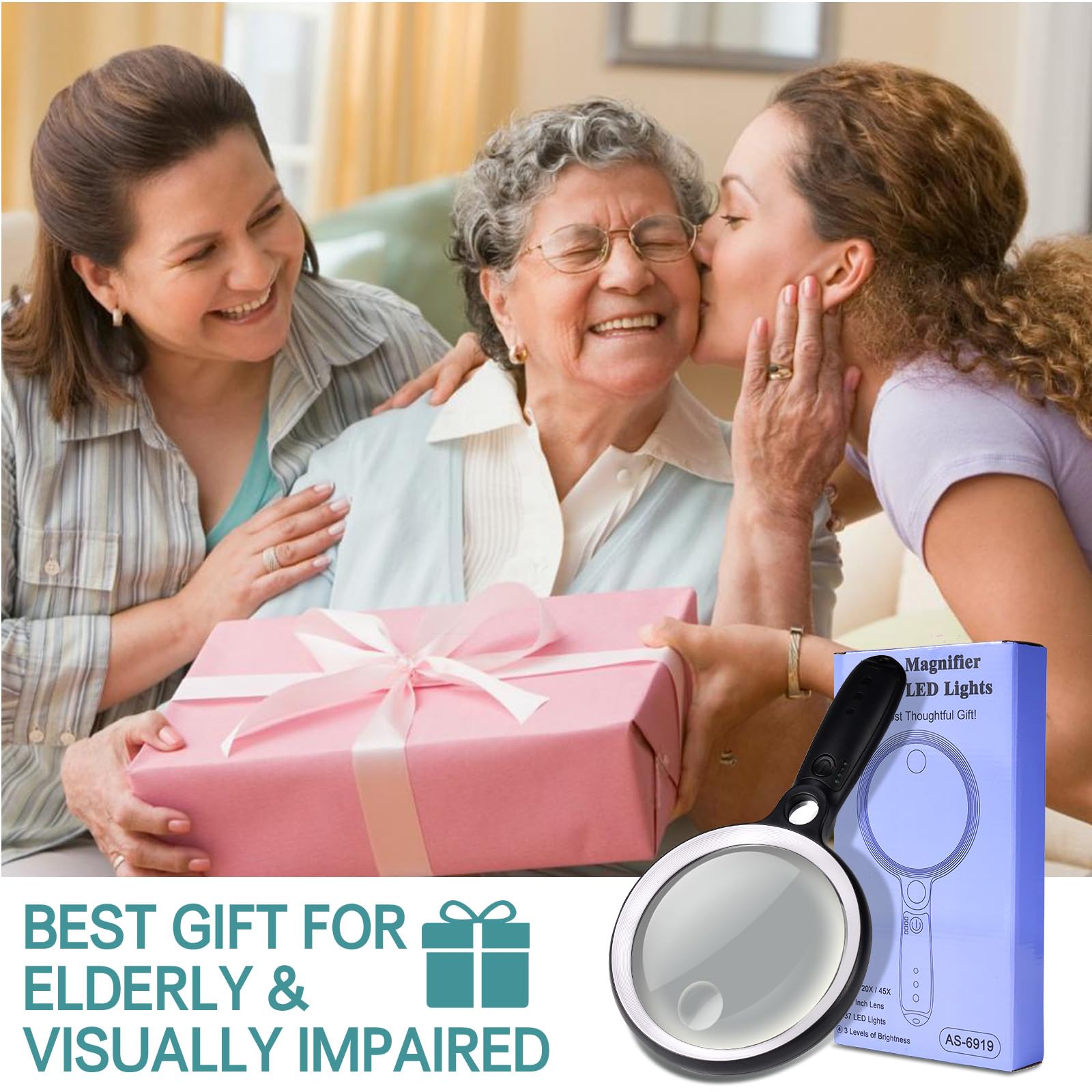 Lupa grande con 37 luces LED y estuche, lupa iluminada de mano de 10 x 20 x 45 x con 3 modos de luz, lupa recargable para personas mayores, lectura, inspección (blanco y negro)