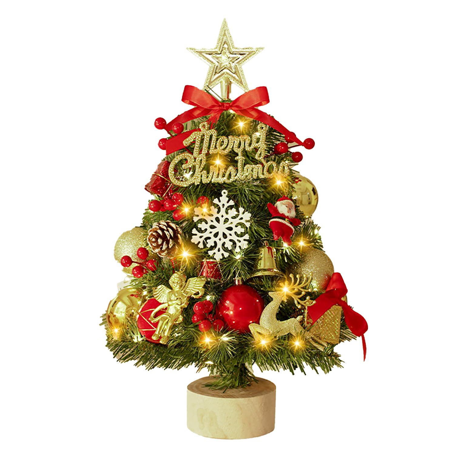 17.7" Tabletop Christmas Tree, Battery Operated Pre lit Small Xmas Tree, Artificial Mini Christmas Tree Decoration with Warm Lights, Berries, Cones, Angel,Santa, Deer & Gift Boxes Ornaments (Red)