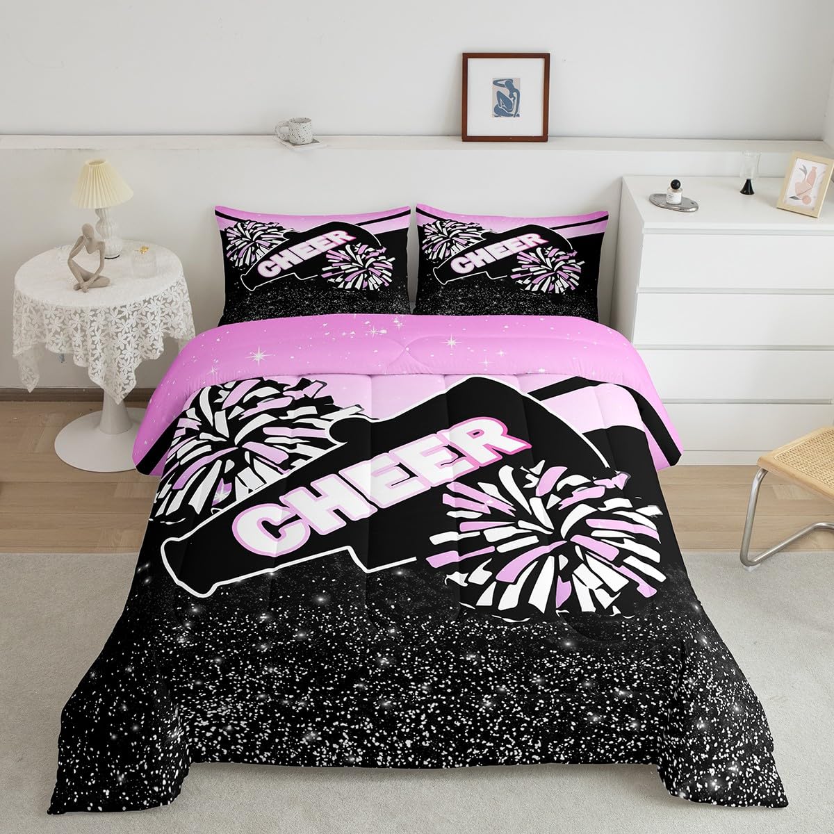 Feelyou Glitter Pink Purple Cheer Comforter Set Toddler Size Dreamy Girly Gymnastic Sports Comforter for Kids Boys Girls Gymnastics Lovers Bedding Set Cheer Sports Duvet Set Room Decor Quilt