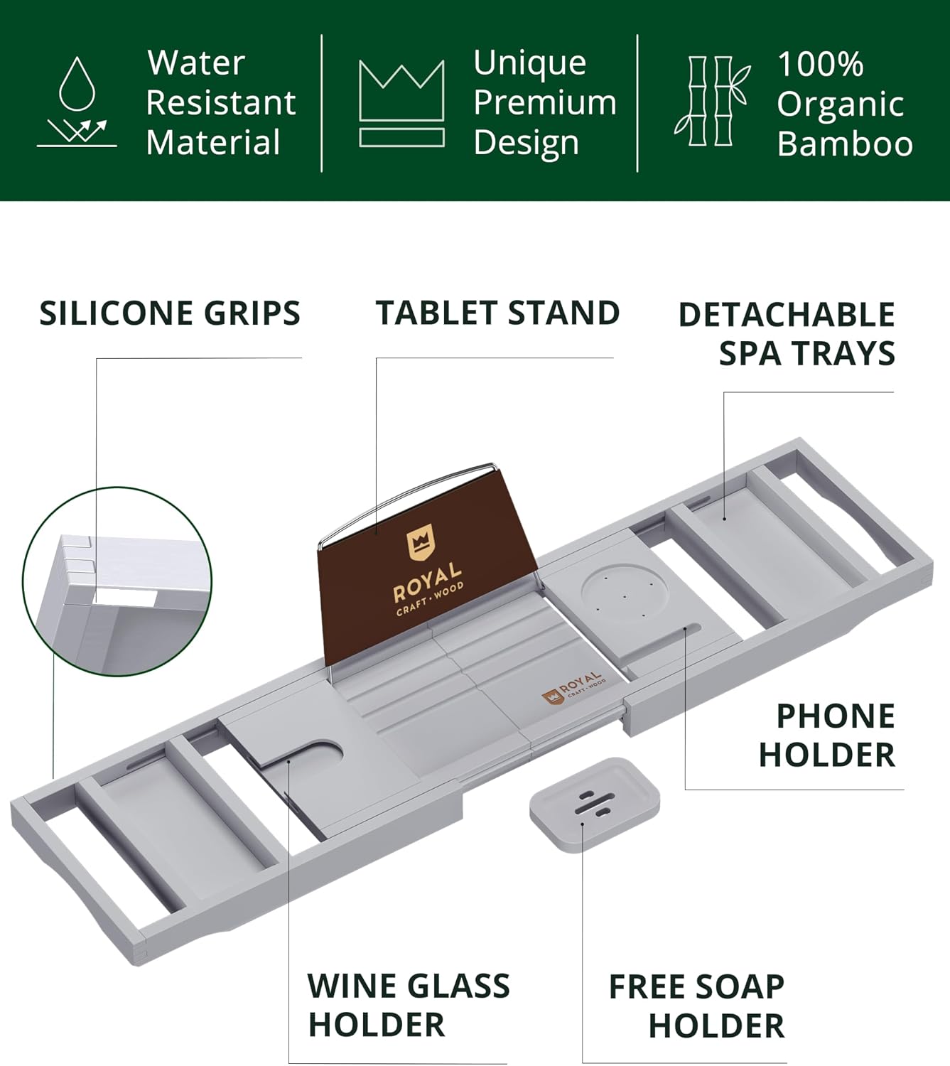 ROYAL CRAFT WOOD Premium Foldable Bathtub Tray Caddy - Wood Bath Tray for Tub, Bamboo Shelf, Expandable Bath Table Trays, Bathtub & Bathroom Accessories for New Home & Mothers, Birthday Gifts for Mom thumbnail