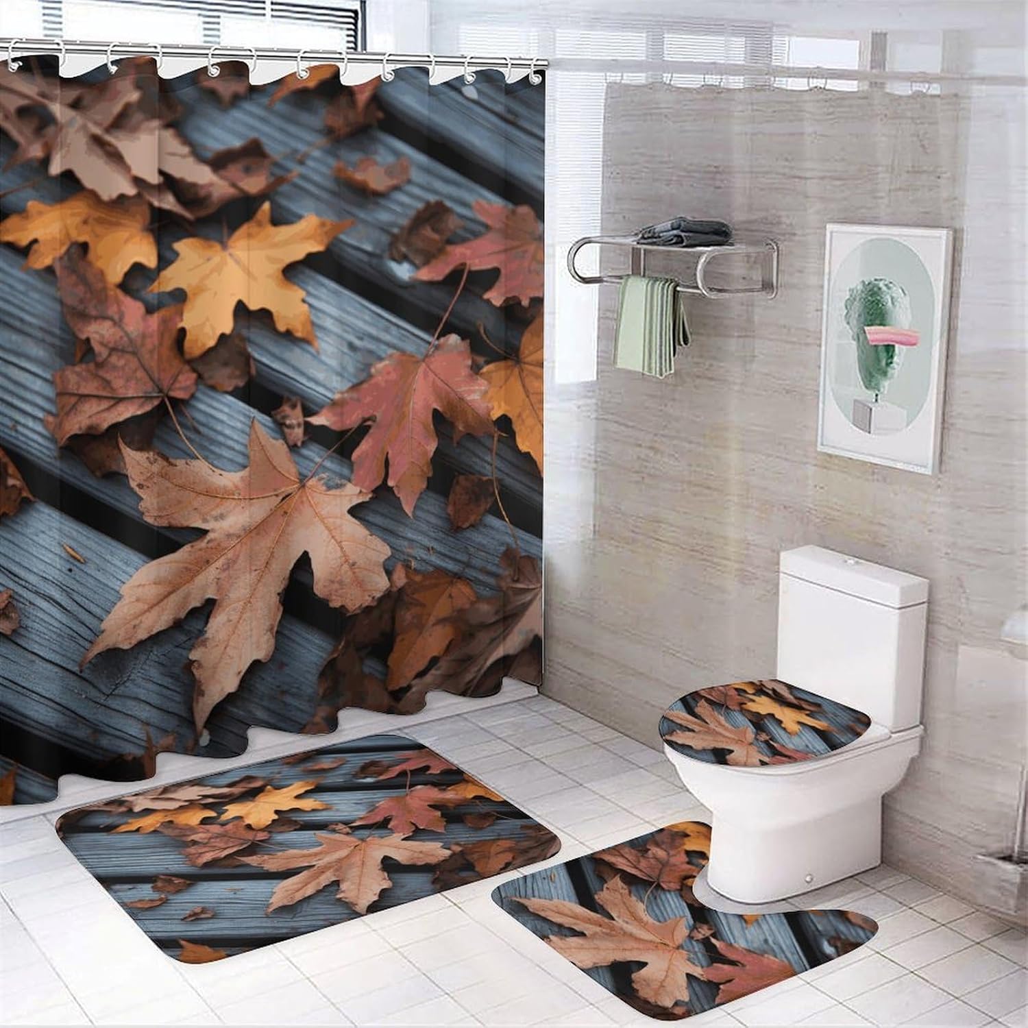 Fall Leaves Wood 4Pcs Shower Curtain Set with Non-Slip Rugs, Toilet Lid Cover and Bath Mat,Bathroom Set Decor Accessories,Curtain Set with 12 Hooks, 72 X 72 Inch