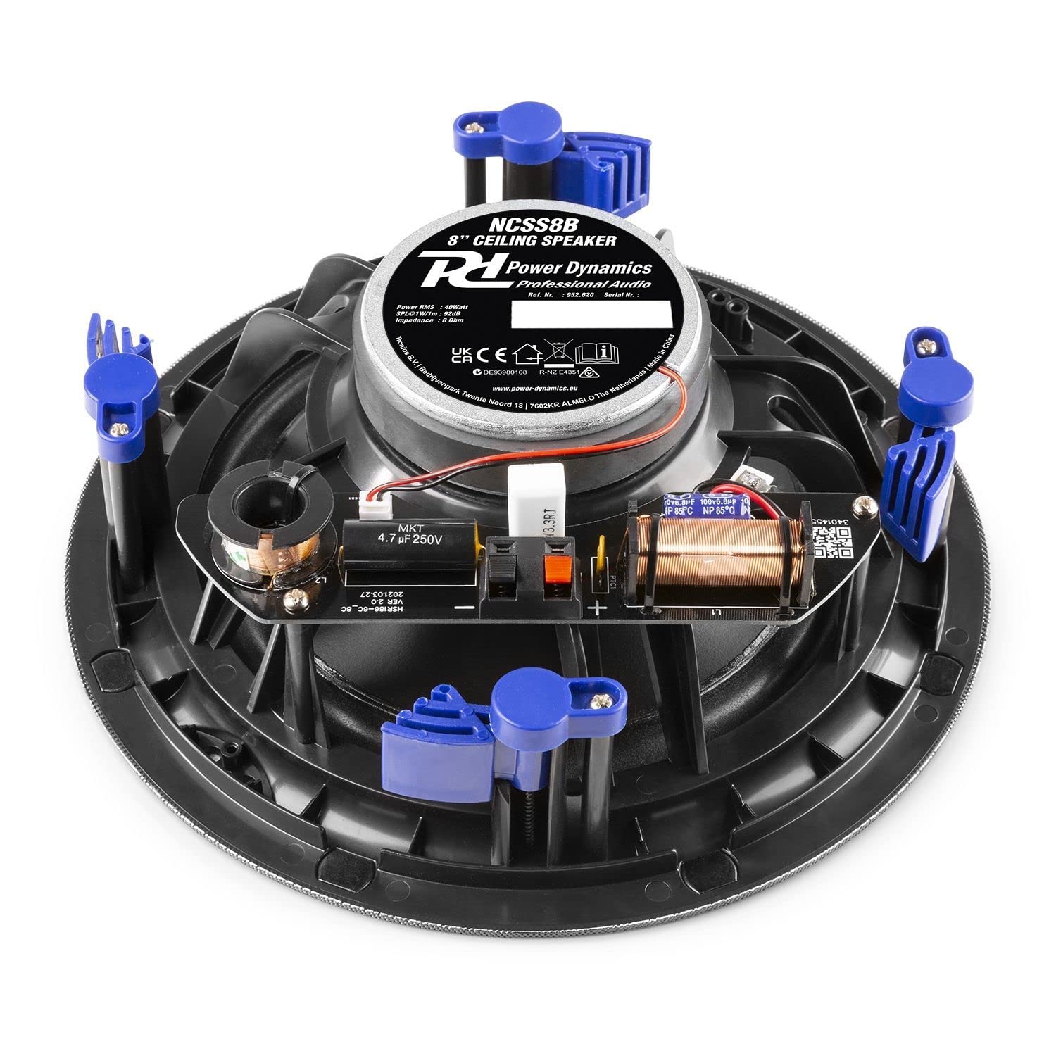 Power Dynamics NCSS8B - Altavoz de Techo (100 V, 8 Pulgadas, 40 W, 8 ohmios, Rejilla metálica, Altavoz con Sistema de fijación rápida), Ideal para instalación pública