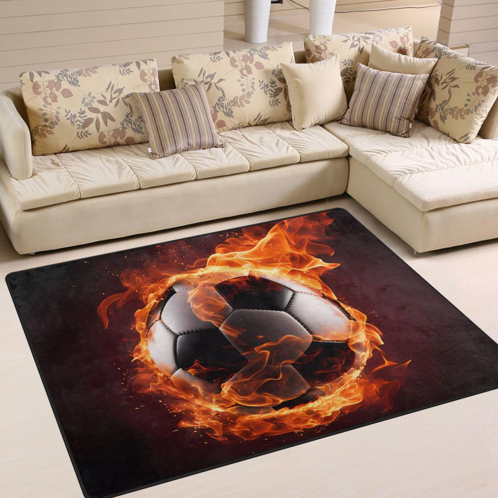 ALAZA Area Rug, Football Flames Soft Polyester Large Carpet Non-Slip Bath Mats Modern Indoor Mats for Living Room Bedroom Home Decor (160cm x 122cm)
