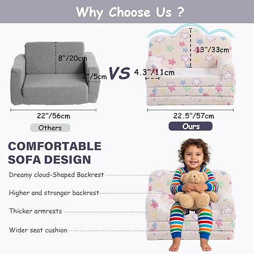 Miniatura 127 de Tiita Silla para niños, cómodo sofá plegable para niños, sofá ligero para niños con asa de transporte y bolsillos laterales, reposabrazos de espuma