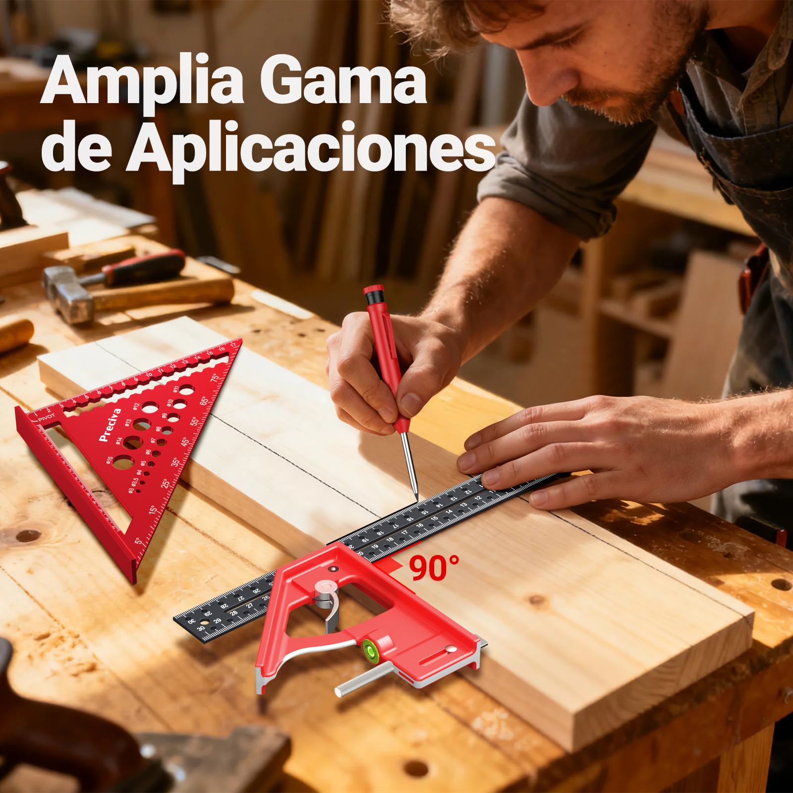 Kit de Carpintería, Escuadra Carpintero Multifuncional, Lápices de Carpintero con Sacapuntas y Estuche, Regla Metálica con Nivel Burbuja para Carpintero, Construcción, Dibujo