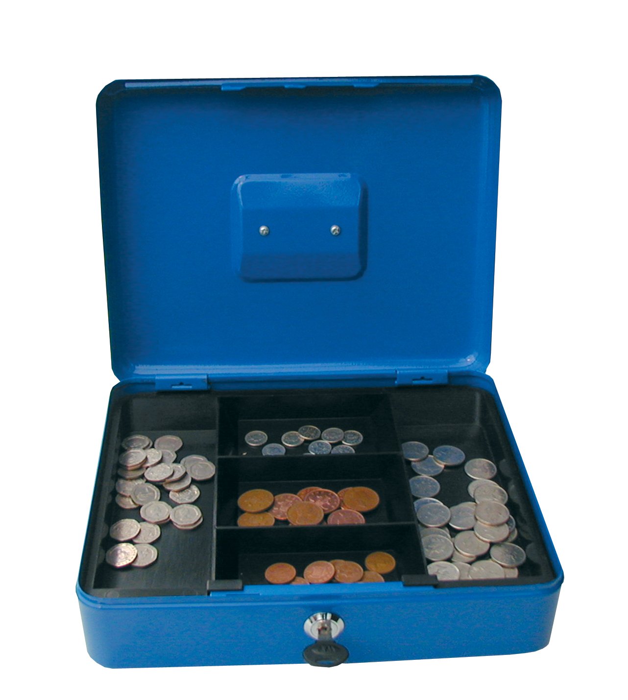 Cathedral Products Key Lockable Cash Box with Lift Out 9 Compartment Coin Tray - 12 Inch - Blue