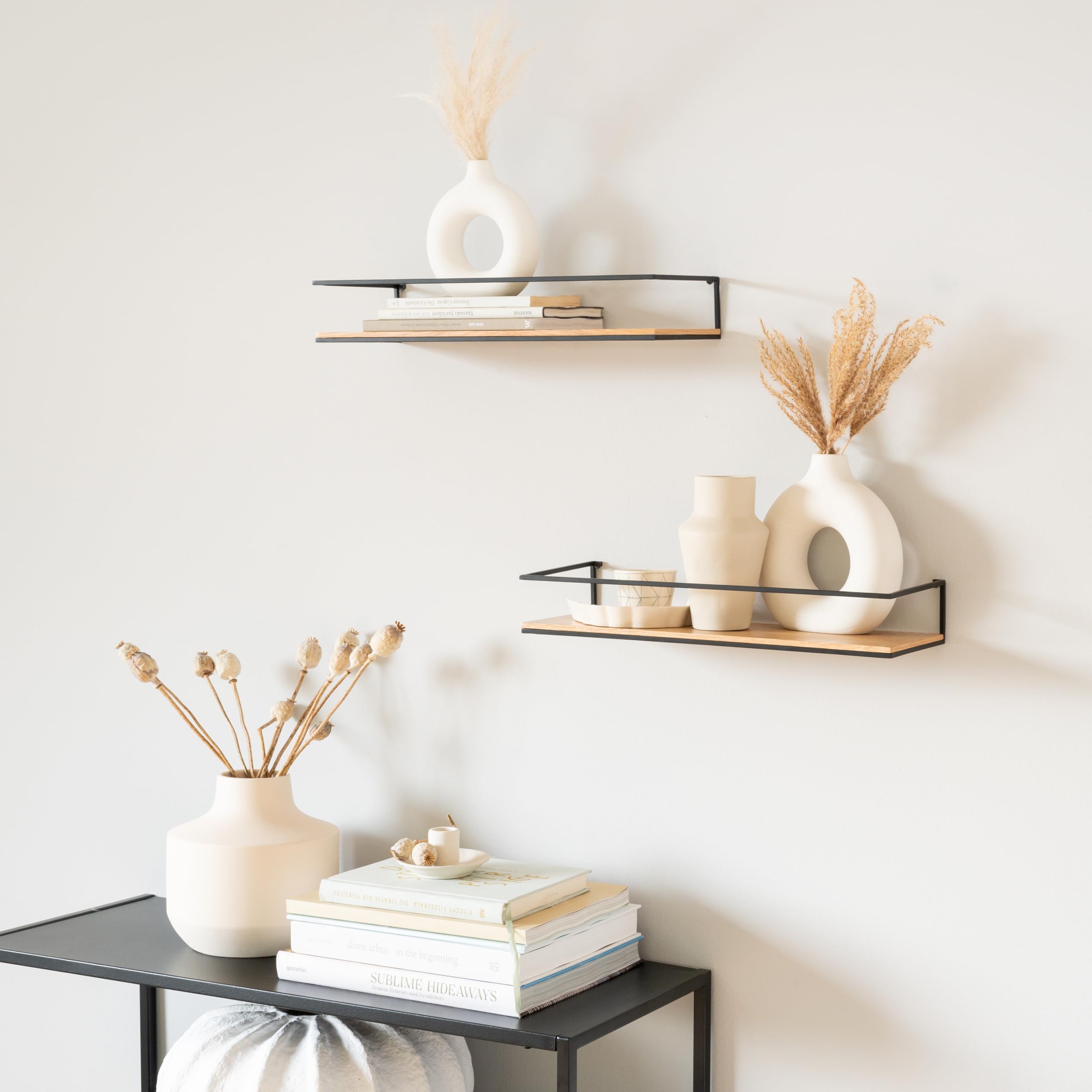 Kazai. Lot d'Étagères Murales -STENN- | Tablettes Murales en Métal et Bois Véritable Placage | Étagères Flottantes pour Salle de Bain, Salon, Cuisine, Chambre et Plus | Chêne