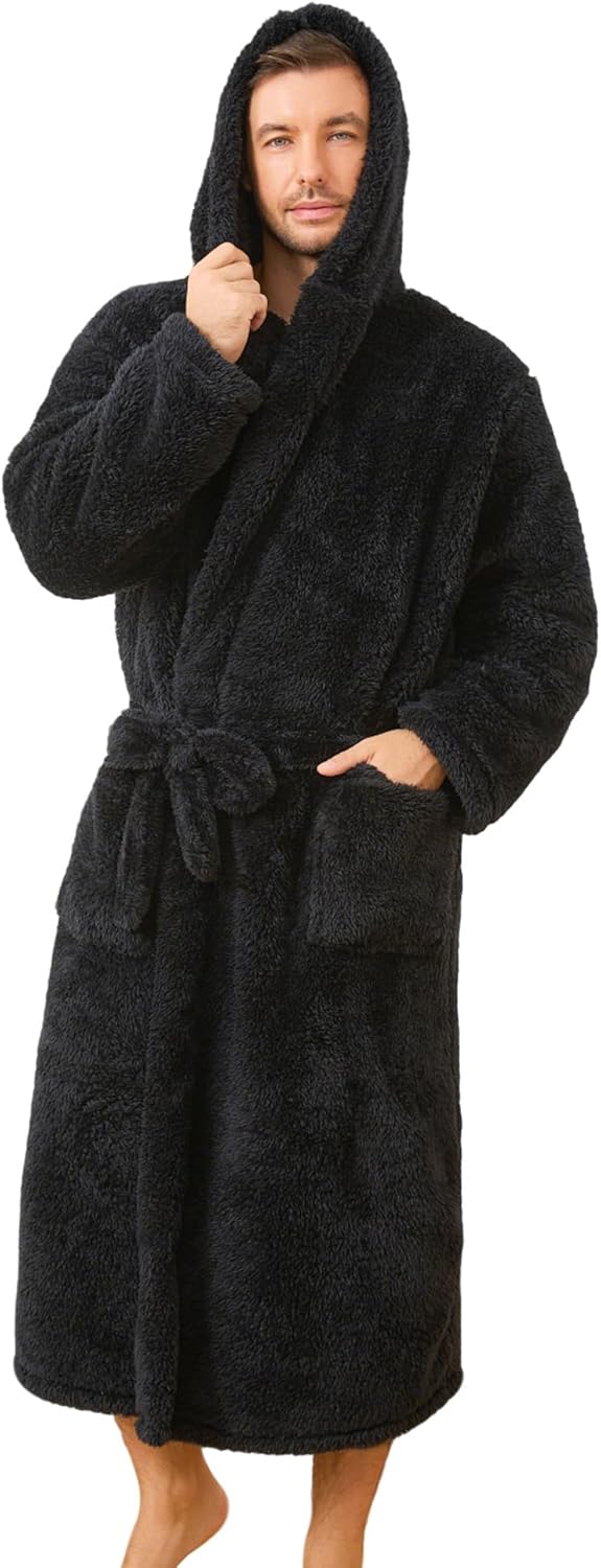 U2SKIIN Men Plush Fleece Hooded Robe, Soft Warm Long Bathrobe with Pockets, Cozy Shower Robe for Men Loungewear