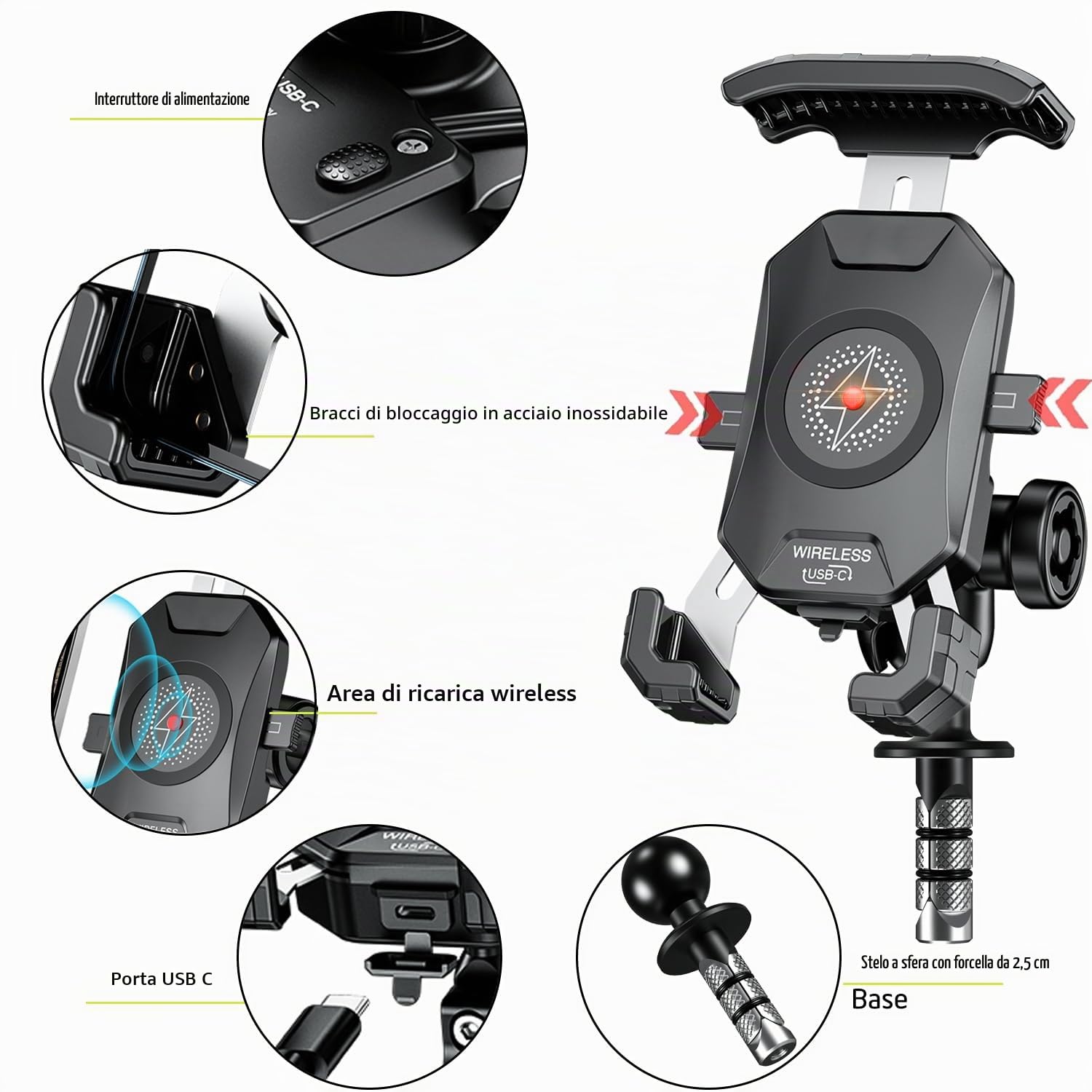 iMESTOU Moto Forcella Stelo Telefono Mount Senza Fili/USB C Caricabatterie con RAM 25mm Palla si Adatta per Ducati, Honda, BMW... con Fori Della Forcella Diametro 12-25,4mm per 4,0"-6,8" Telefoni