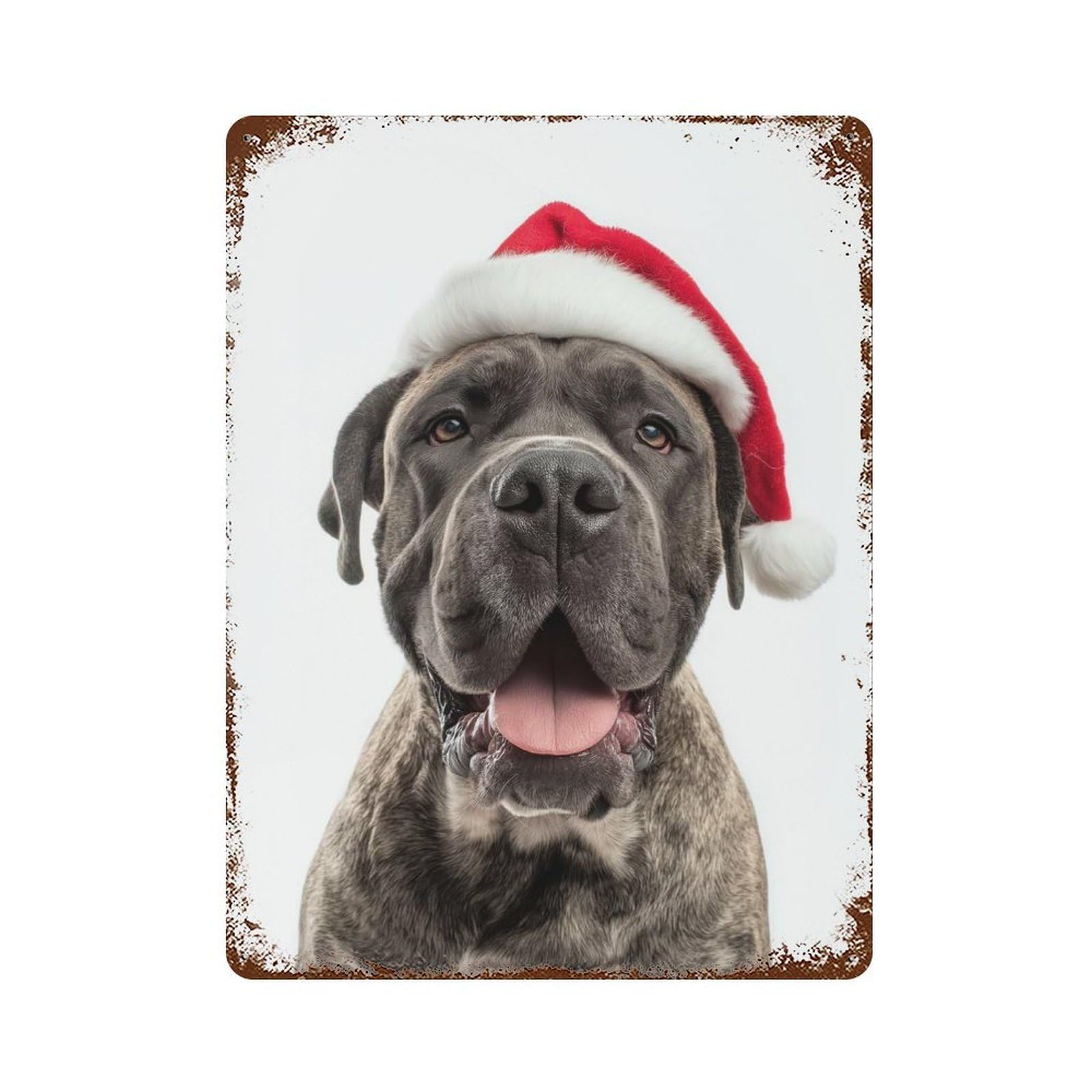Rust Effect Mastiff Dog with Santa Hat Distressed Metal Wall Sign 15.7"x11.8", Decorative Metal Wall Art for Living Room, Hallway And Home Decor