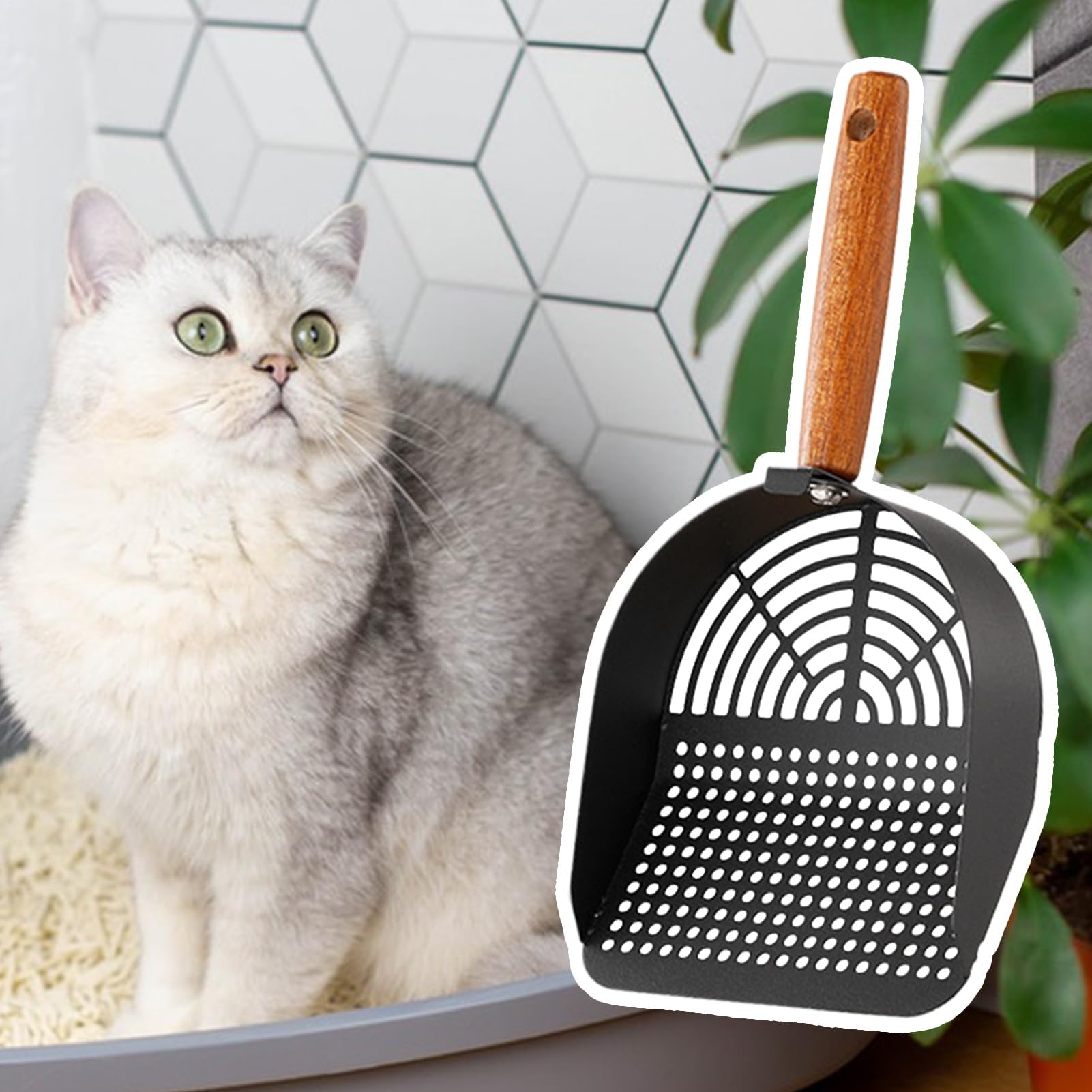 Katzenstreu-Schaufel, Rostfreies Edelstahl-Sieb, tragbares Sieb mit ergonomischem, langem Griff, Haustierzubehör(Black)