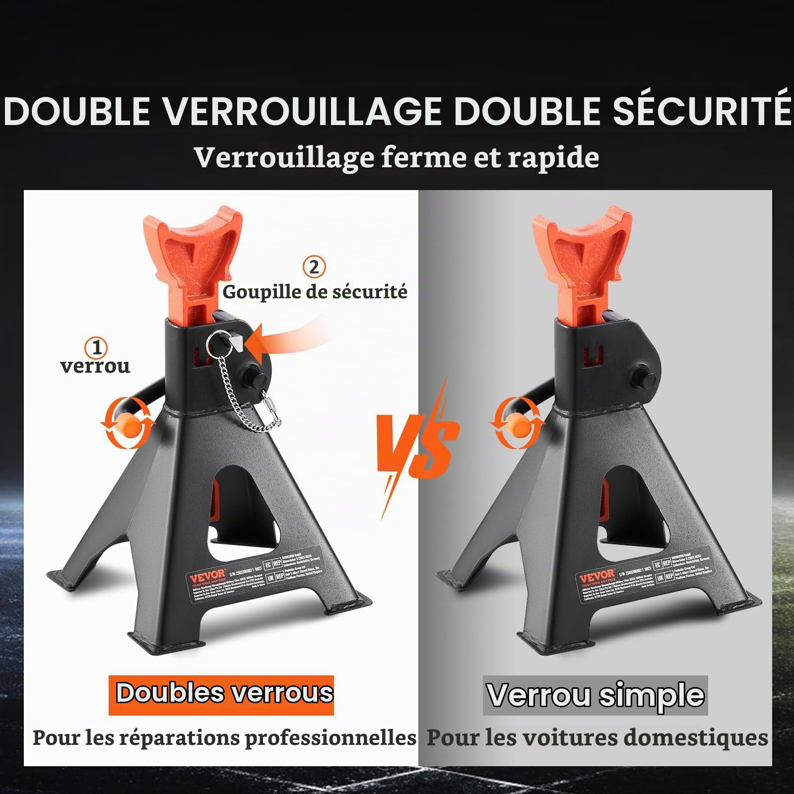 VEVOE 1 Paire de Chandelles de Levage Capacité 3 tonnes Chandelle de Voiture Réglable en Hauteur 275-415 mm en Acier Double Verrouillage Aides pour Soulever des Véhicules Auto SUV Atelier Dépannage