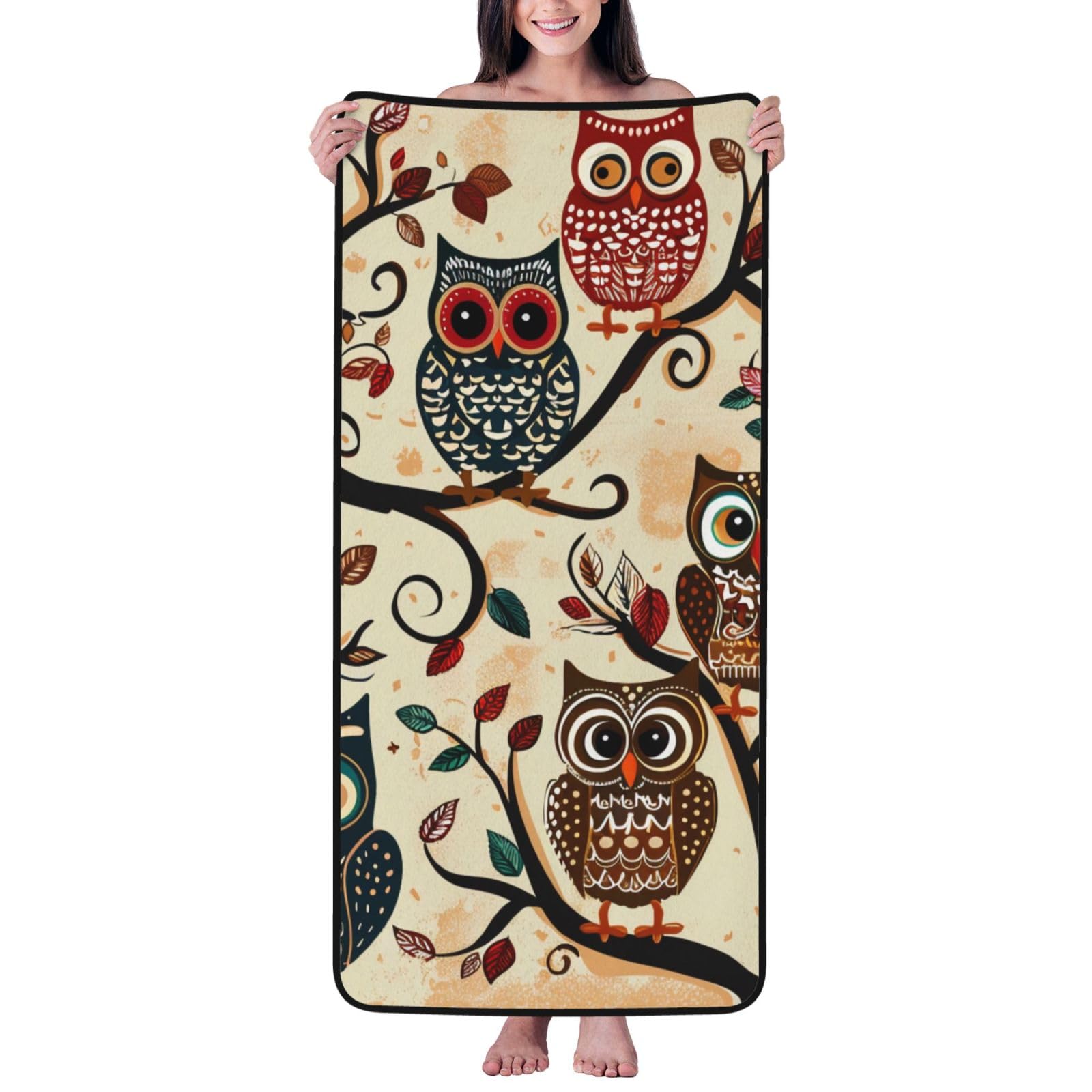 WPKJU Owls on Tree Branches Printed Bath Towel with Black Edging - 27x55 in Soft Extra Absorbent Coral Velvet Shower Towels for Bathroom