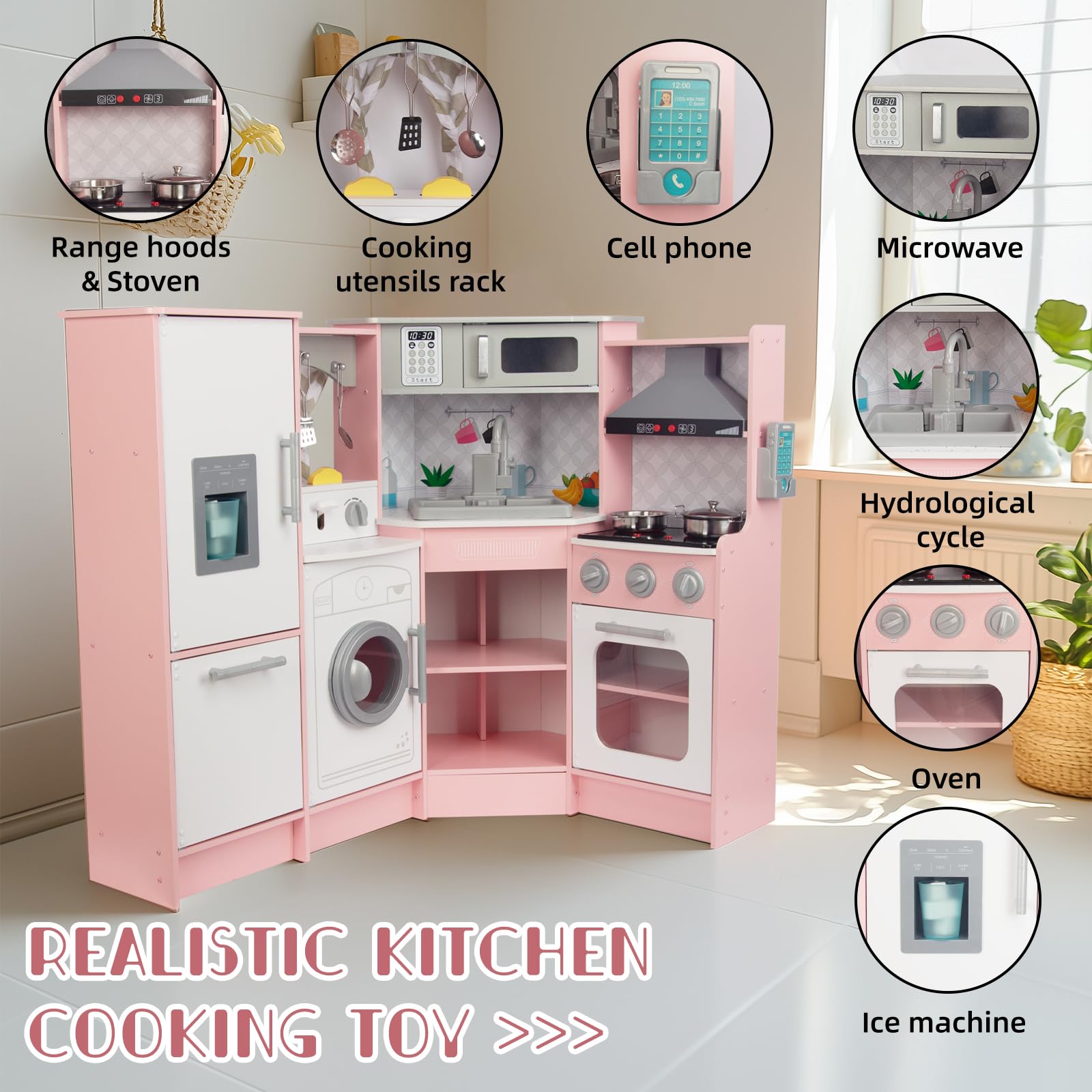 Rosa Hölzerne Kinderküche, Kinderspielküche mit Spüle Herd Backofen, Holzküche Spielzeugküche, Spielküche aus Holz mit Zubehör für Kinder ab 3 Jahren (Rosa 2)