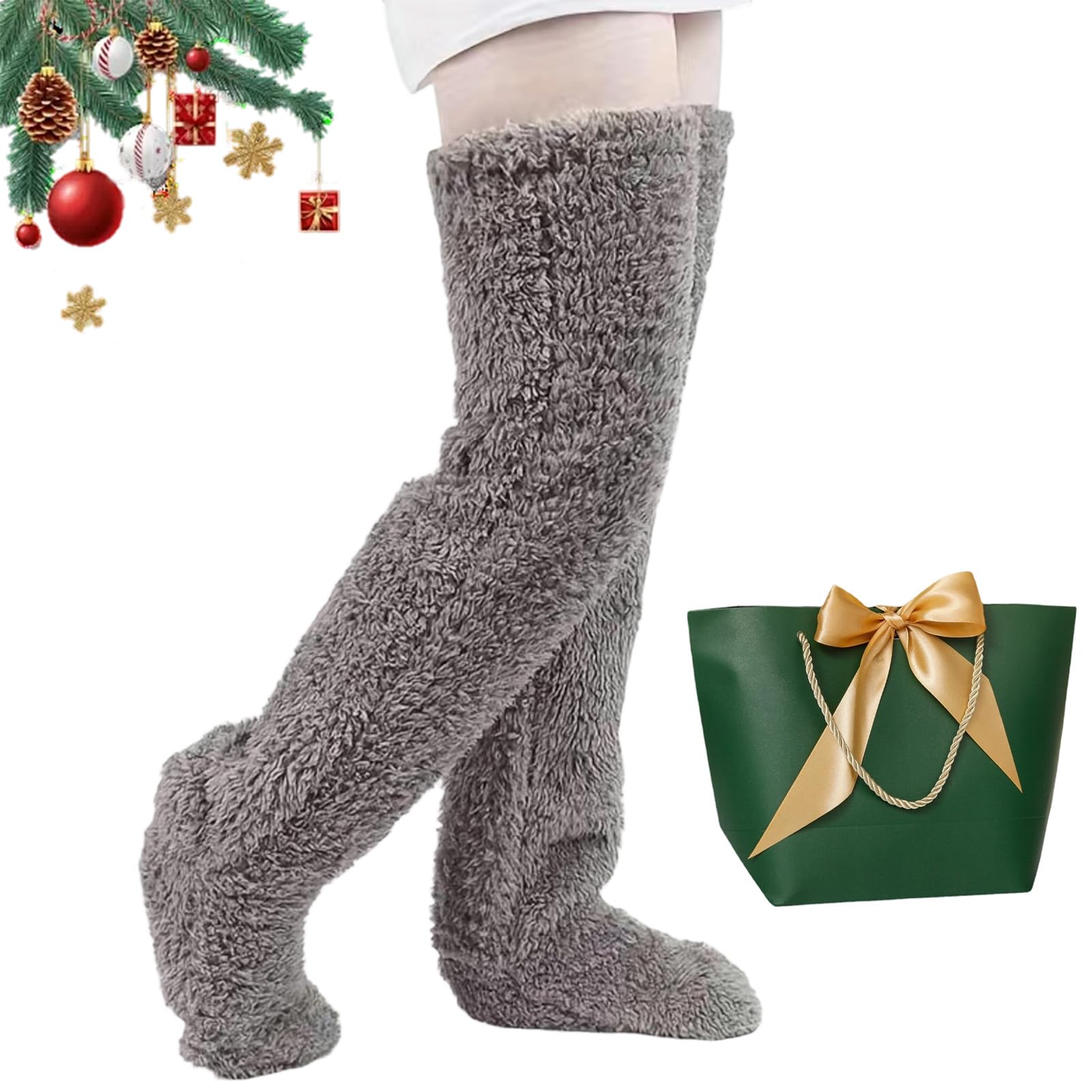 Snrtevu Goose Down Knee Socks for Christmas, Socks Long Fuzzy Thigh High Warm, Plush Knee High Sock for Women, Winter Fuzzy Thermal Home Sleeping Sock (gray)