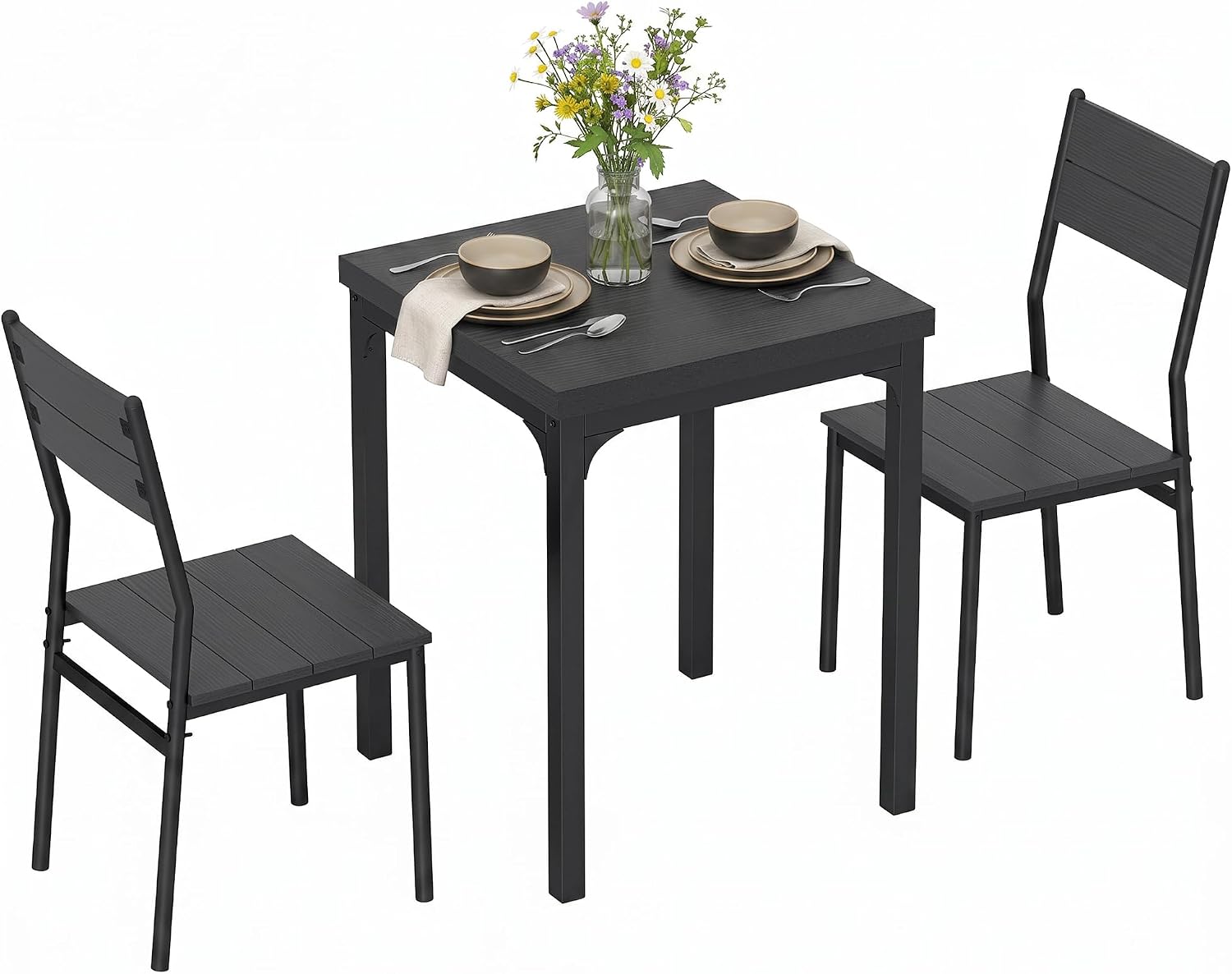 HOMCOM 3 Pieces Modern Dining Table Set, Kitchen Table and Chairs for 2, Space Saving Design, Breakfast Nook Table Set with Steel Legs for Kitchen, Small Space, Black Wood Effect