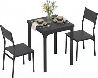 3 Pieces Modern Dining Table Set, Kitchen Table and Chairs for 2, Space Saving Design, Breakfast Nook Table Set with Steel Legs for Kitchen, Small Space, Black Wood Effect