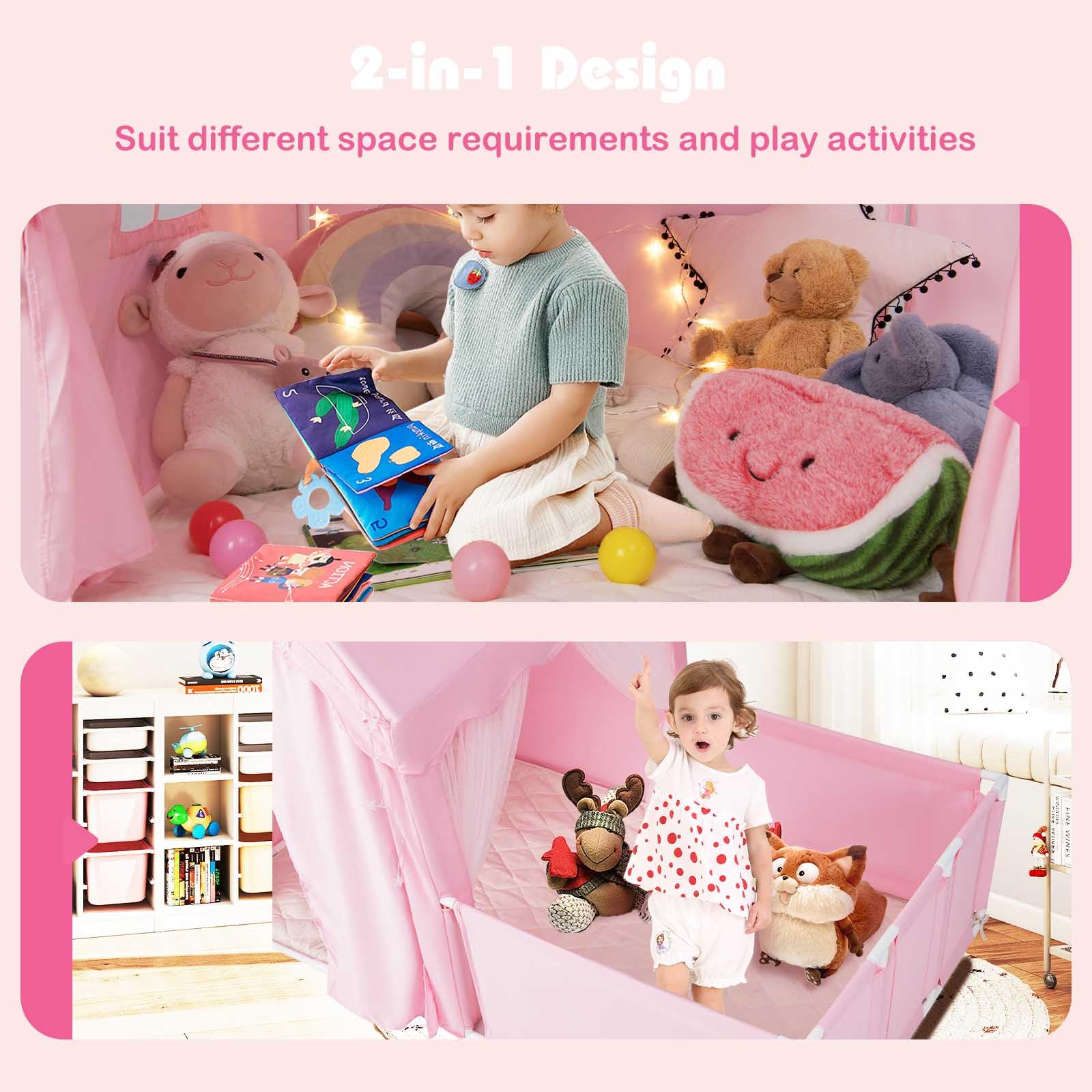HOMASIS Spielzelt Indoor, 2 in 1 Spielhaus mit Laufgitter, Matte, Sternlichtern & Fenster, Kinderzelt aus Baumwolle, Kinder Zelt Kinderhaus für ab 3 Jahren, Kinderspielzelt für Kinderzimmer (Rosa)