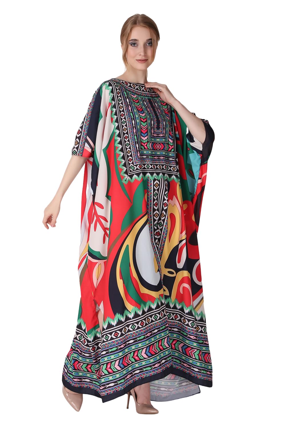 Abstract Nonfigurative Printed Crepe Maxi Length Kaftan Dress for Women Multicolor Freesize-image-48