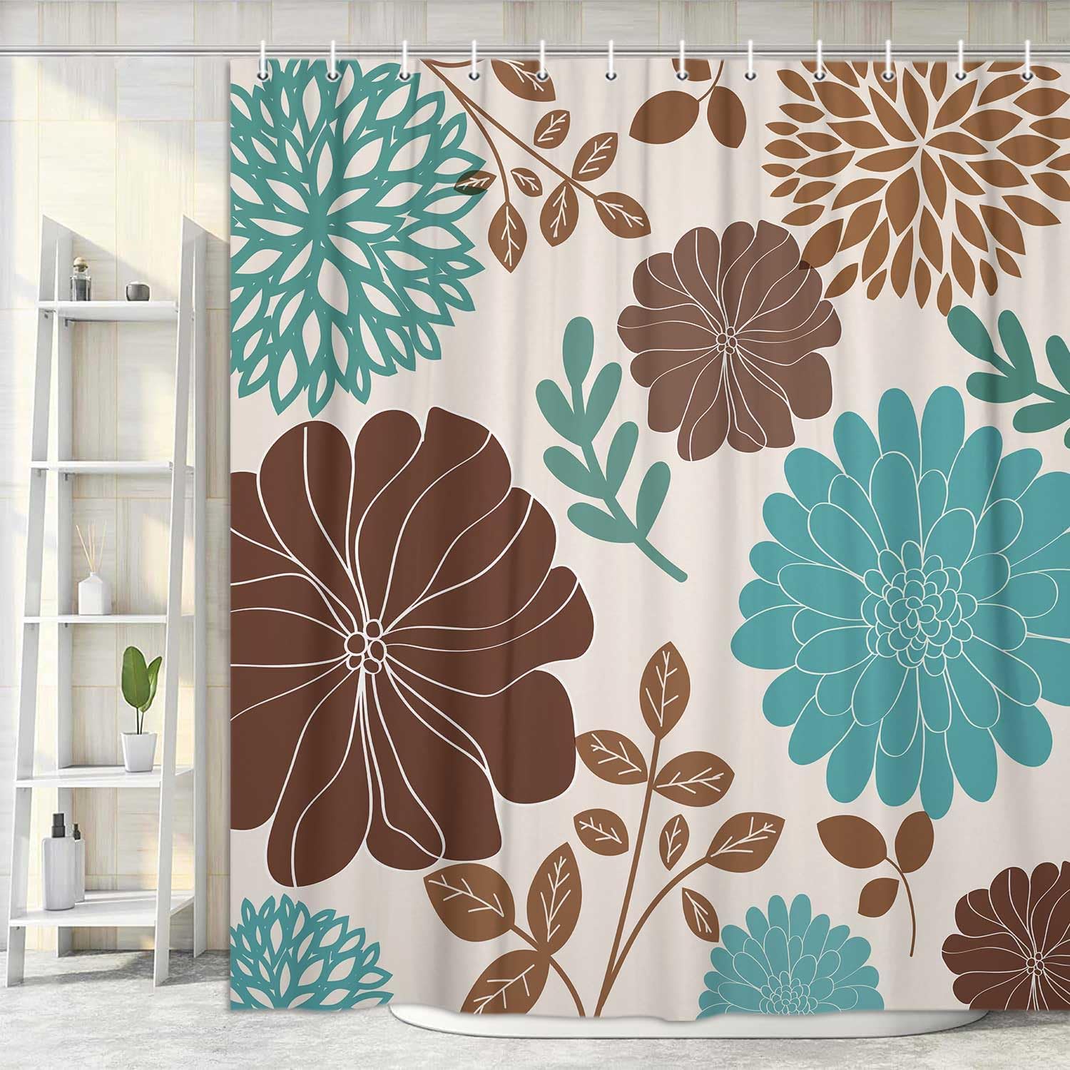 Boho Teal and Brown Floral Shower Curtain, Turquoise and Tan Flower Shower Curtain for Bathroom, Aqua Blue Bohemia Art Aesthetics Bathroom Decor Shower Curtain Set with 12 Hooks, 70X75IN