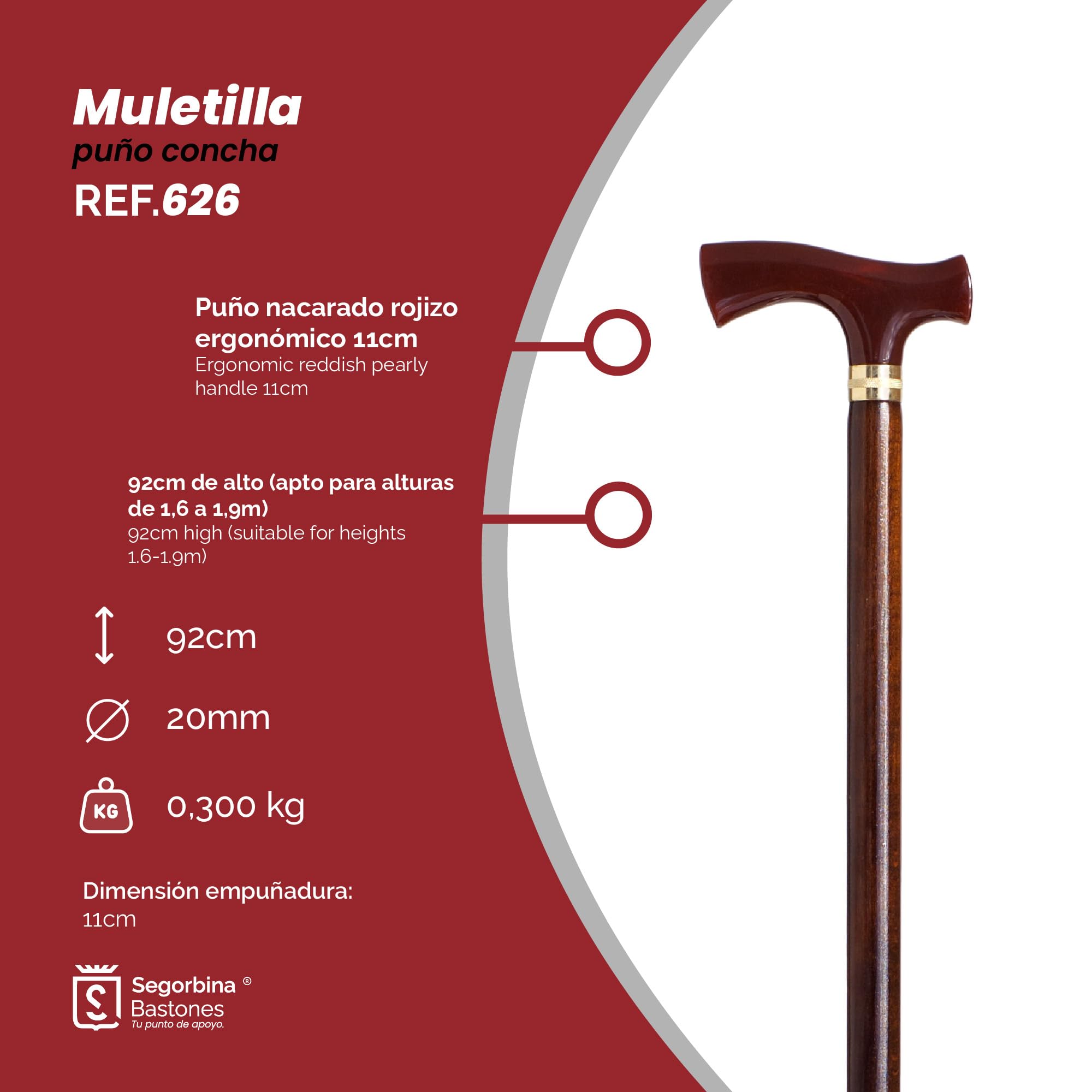 Bastone da passeggio, supporto per camminare, con finitura elegante, polsino perlato di conchiglia rossastra e bastone in legno di faggio resistente.