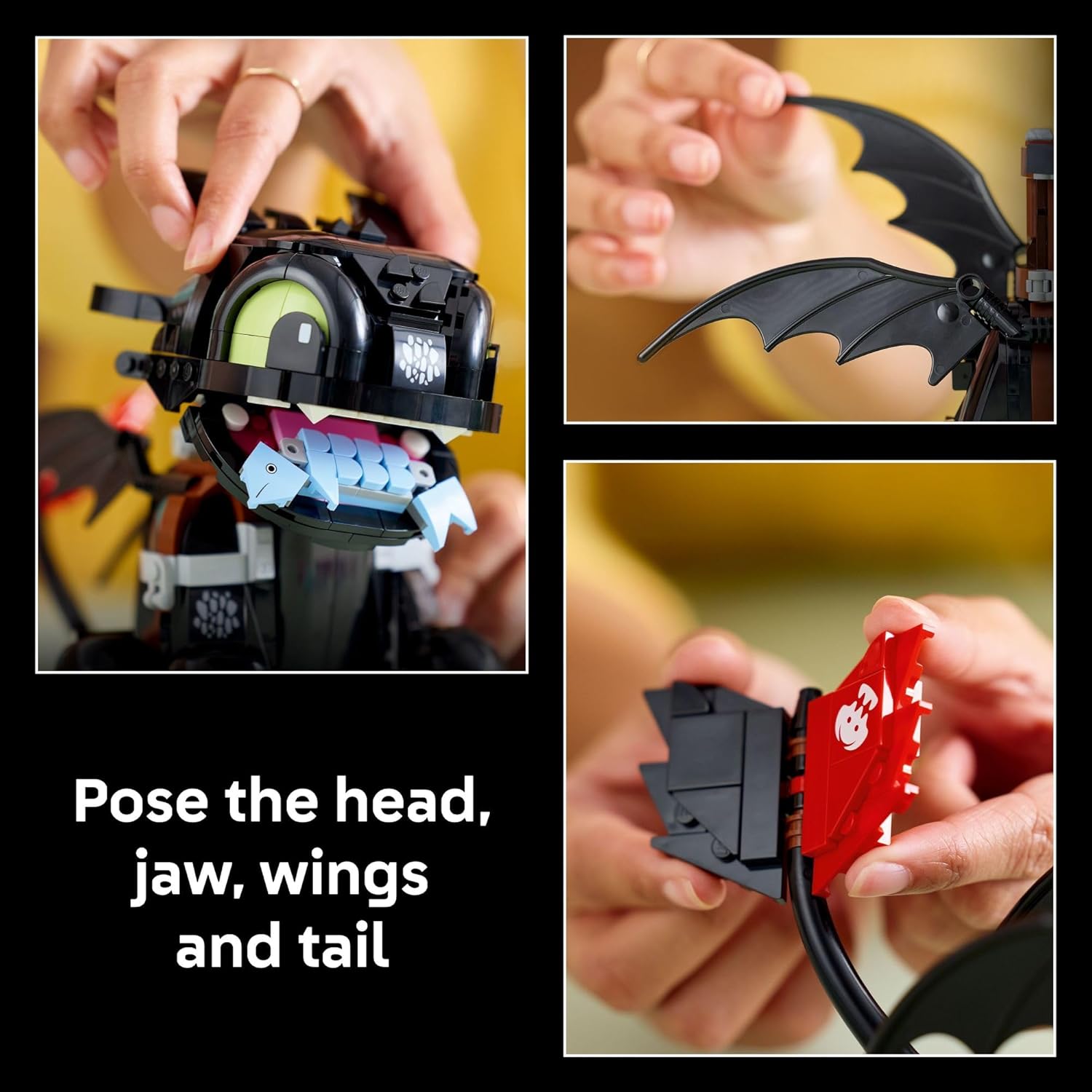 LEGO Icons Toothless model with interchangeable fish and plasma-blast attachments with text 'Choose between fish and plasma-blast attachments'