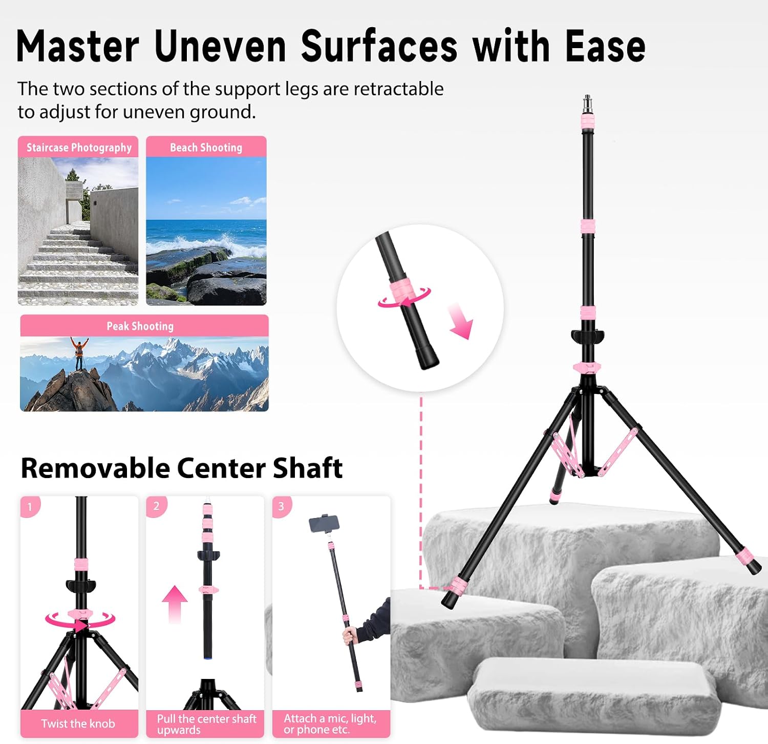 Light Stand Photography, 6.5ft/200cm Removable Center Column Tripod Stand with Storage Bag & Sandbag, 2-in-1 Portable Aluminum Tripod Light Stand for Video Lighting, Flash, Strobe, Softbox