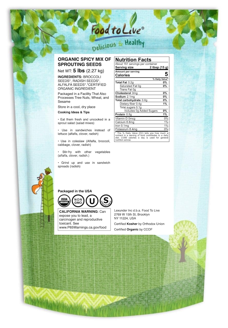 Food to Live Organic Spicy Mix of Sprouting Seeds, 5 Pounds — Non-GMO Broccoli, Radish, Alfalfa, Raw, Rich Germination Rate, Non-Irradiated, Pure, Kosher, Vegan Superfood, Bulk, Rich in Sulforaphane