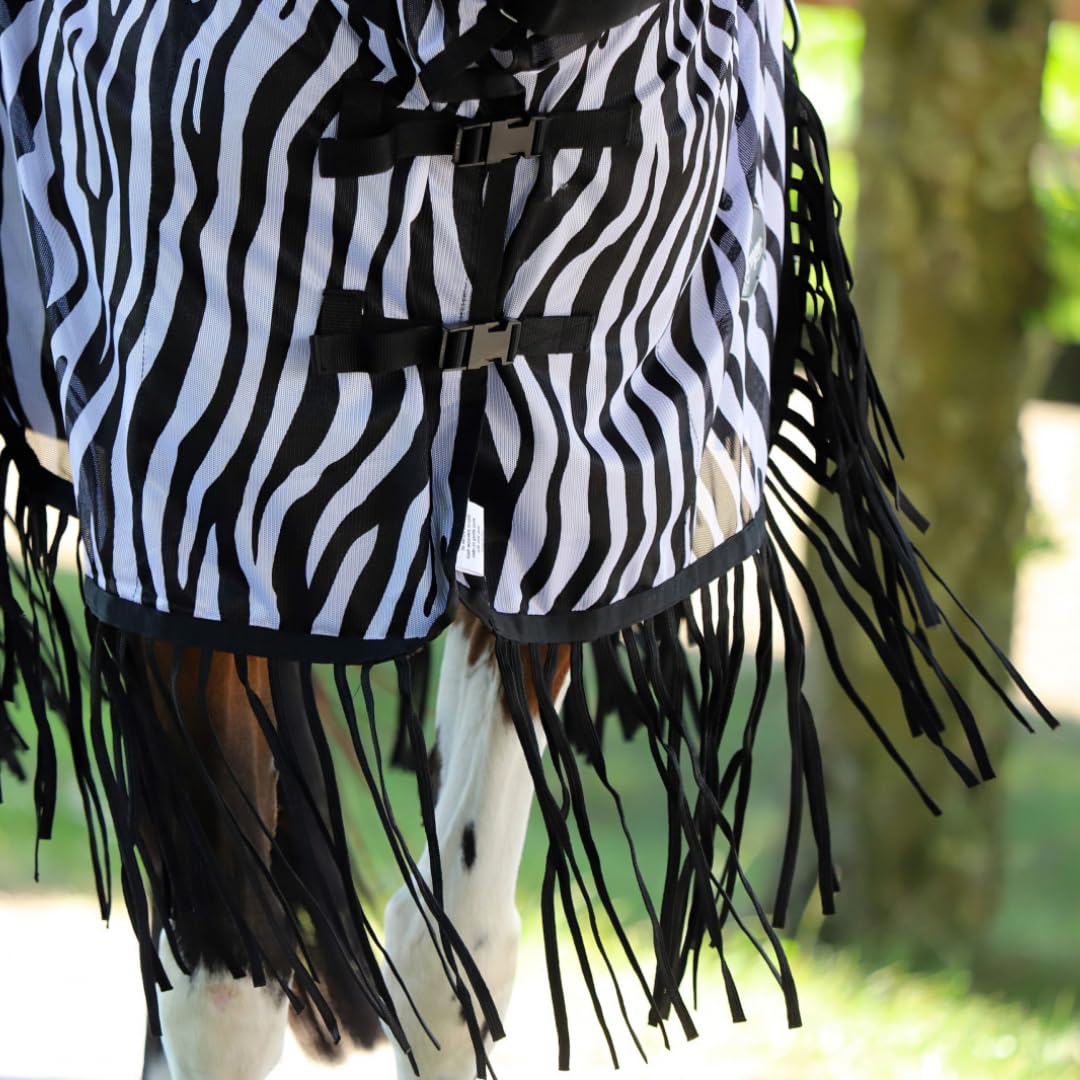Marengos Zebra Fliegenausreitdecke mit Fransen Pferdedecke Sattelausschnitt Halsteil Insektenschutz feinmaschig Fliegendecke Outdoor Schwarz/Weiß 155 cm
