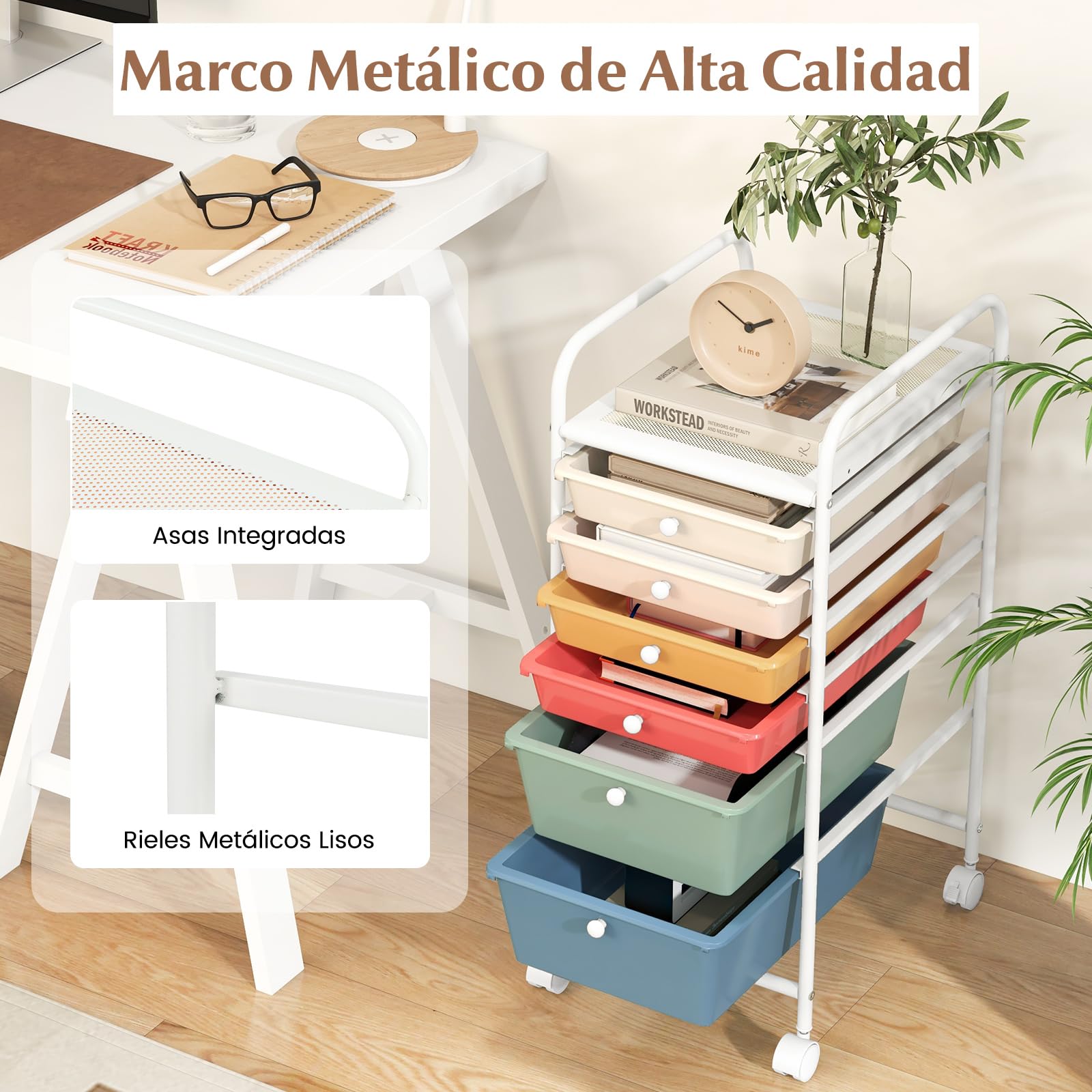 GIANTEX Carro de Almacenamiento con 6 Cajones, Cajonera con 4 Ruedas(2 con Frenos), Tablero y Marco de Metal, Cajones Plásticos, Carrito Auxiliar para Oficina, Dormitorio, Baño (Macaron)